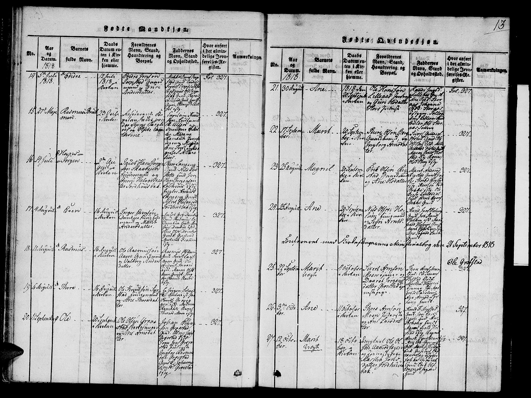 Ministerialprotokoller, klokkerbøker og fødselsregistre - Sør-Trøndelag, SAT/A-1456/672/L0853: Parish register (official) no. 672A06 /1, 1816-1829, p. 13