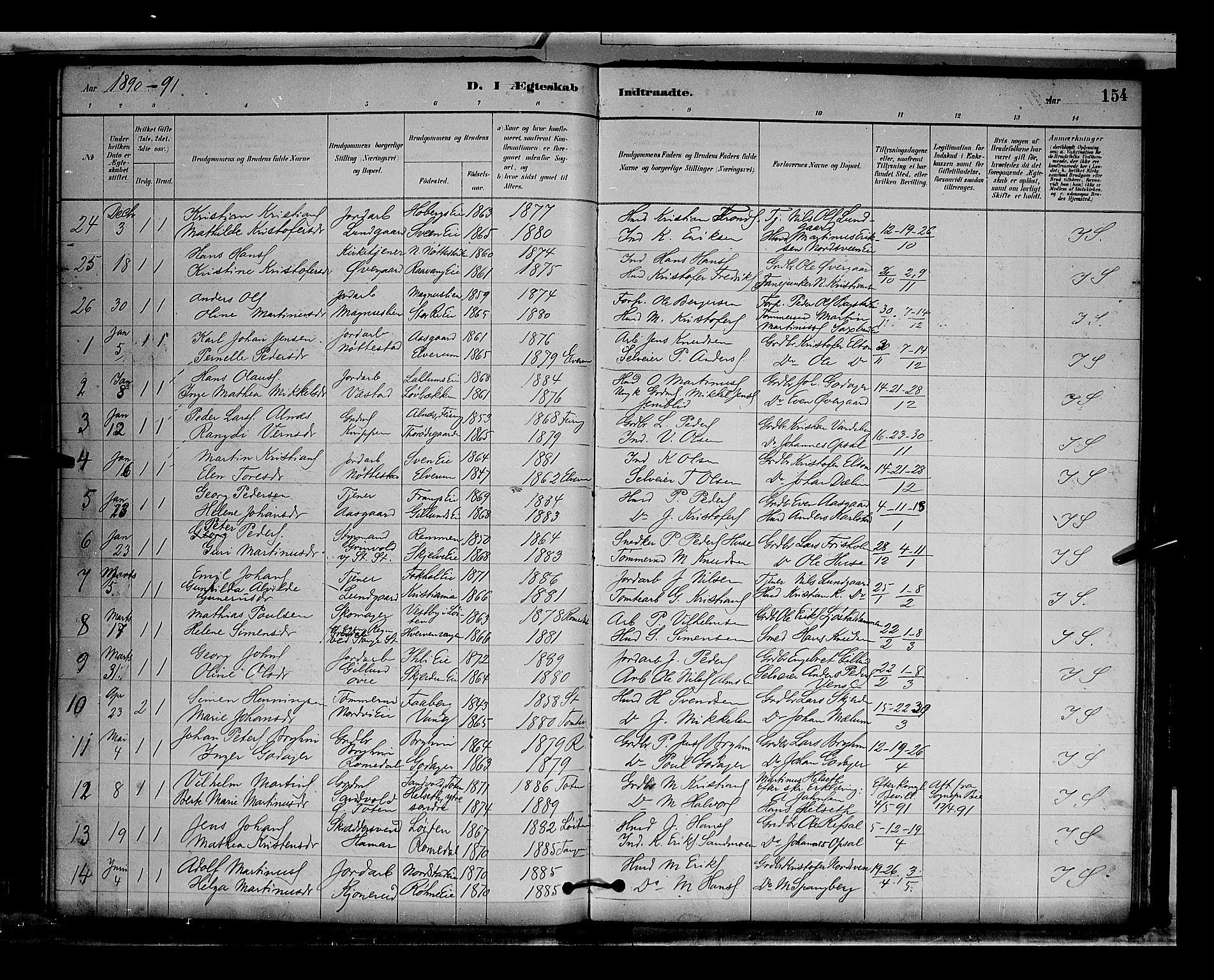 Stange prestekontor, SAH/PREST-002/L/L0009: Parish register (copy) no. 9, 1883-1899, p. 154