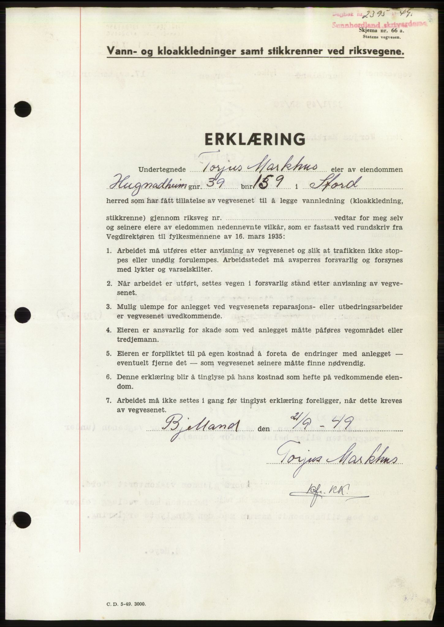 Sunnhordland sorenskrivar, AV/SAB-A-2401: Mortgage book no. B75-79, 1948-1950, Diary no: : 2395/1949
