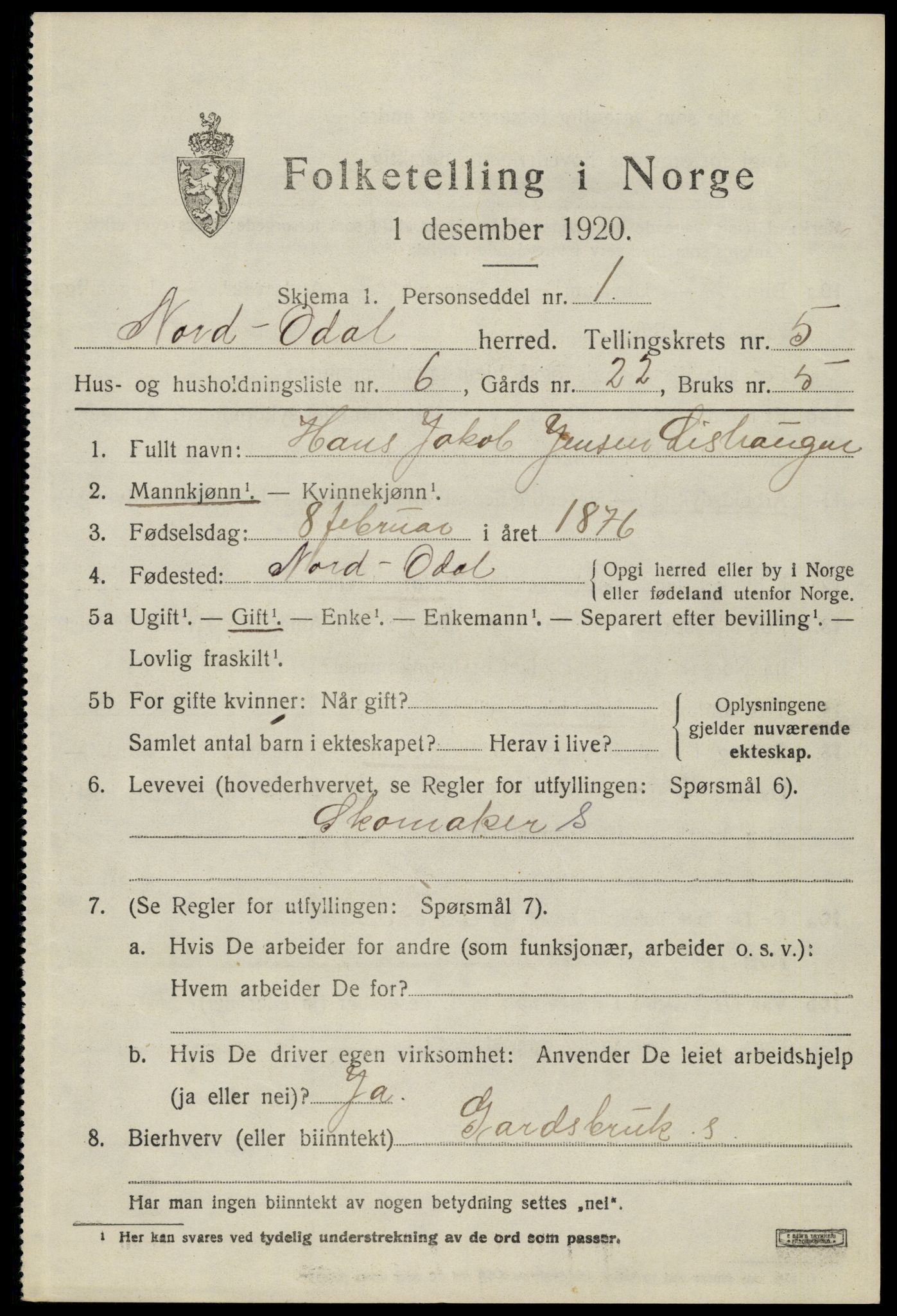 SAH, 1920 census for Nord-Odal, 1920, p. 5101