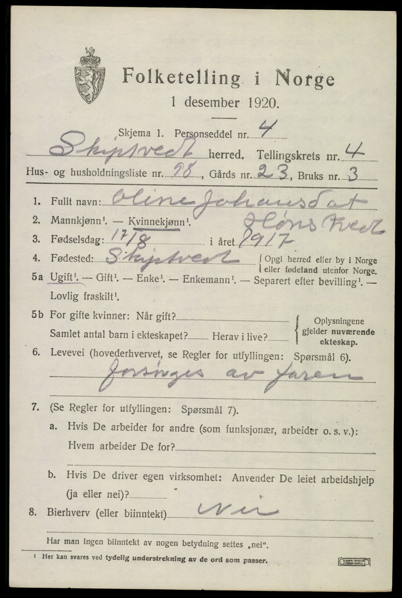 SAO, 1920 census for Skiptvet, 1920, p. 5191