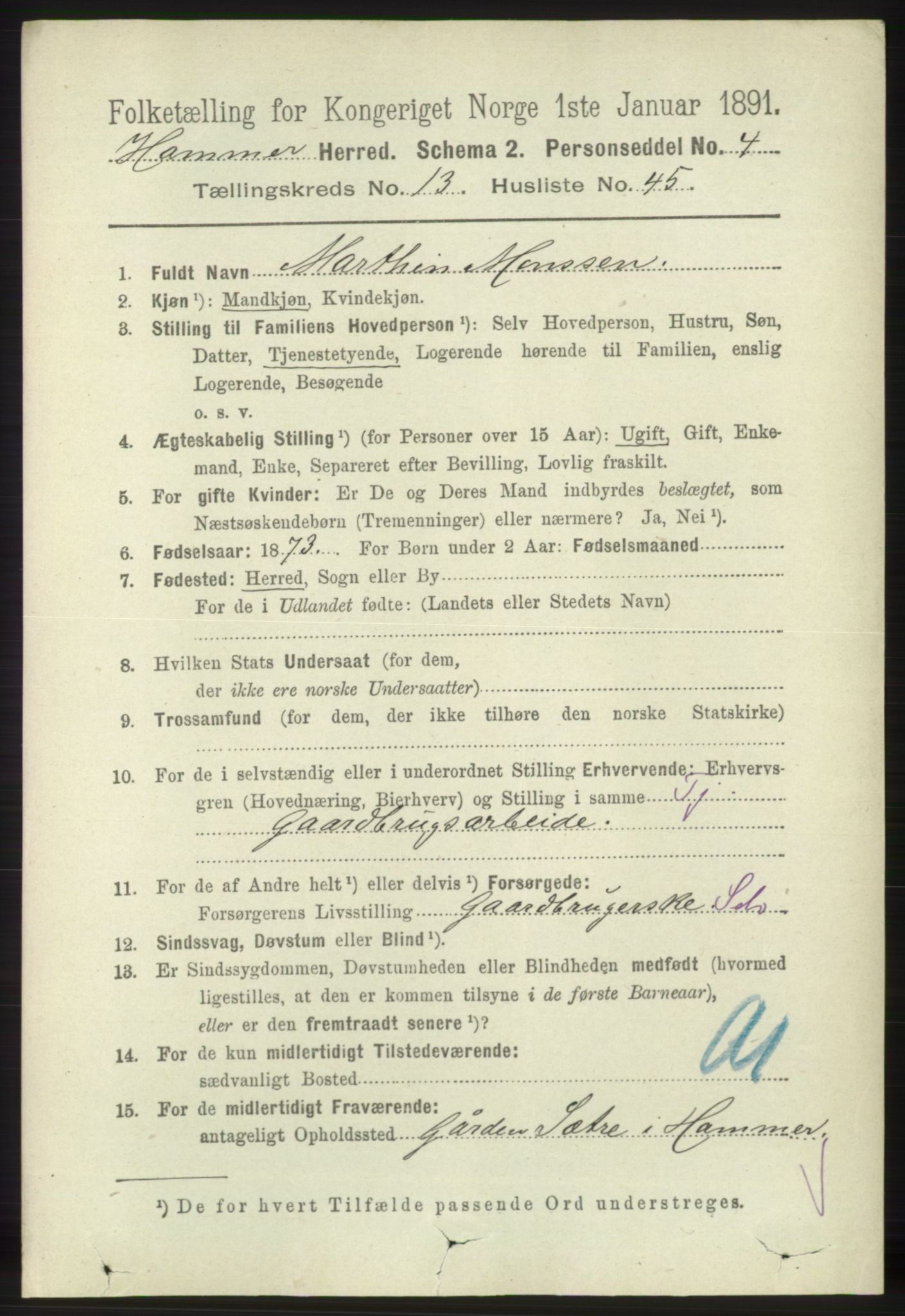 RA, 1891 census for 1254 Hamre, 1891, p. 4336