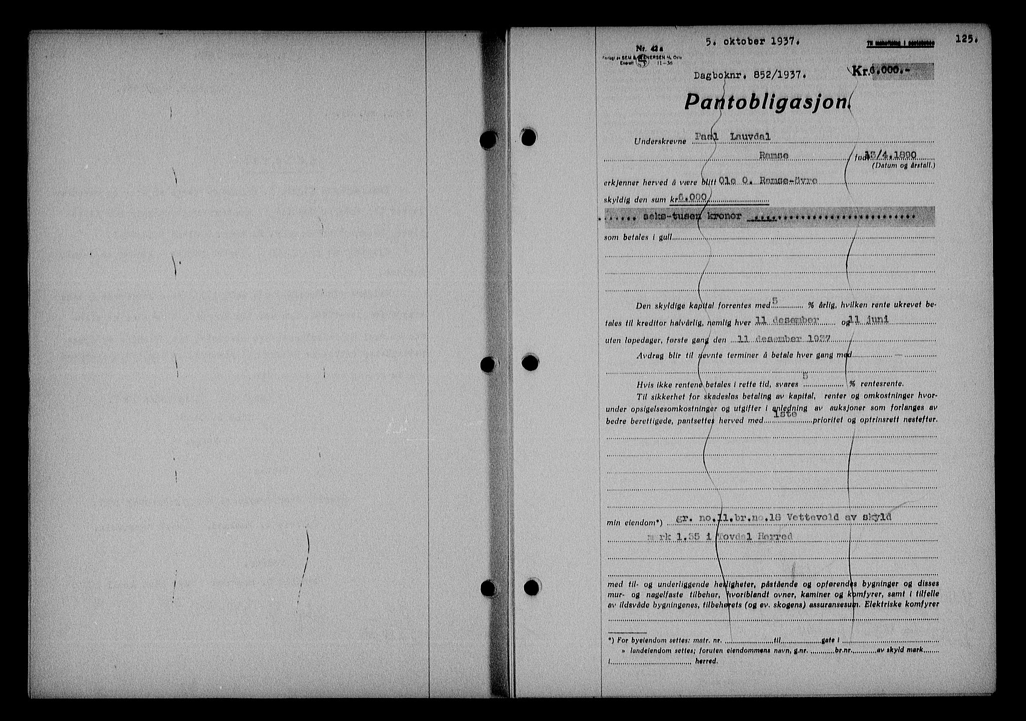 Nedenes sorenskriveri, AV/SAK-1221-0006/G/Gb/Gba/L0044: Mortgage book no. 40, 1937-1938, Diary no: : 852/1937