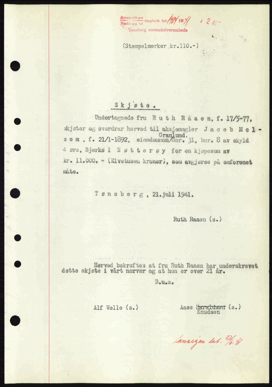 Tønsberg sorenskriveri, AV/SAKO-A-130/G/Ga/Gaa/L0010: Mortgage book no. A10, 1941-1941, Diary no: : 1987/1941