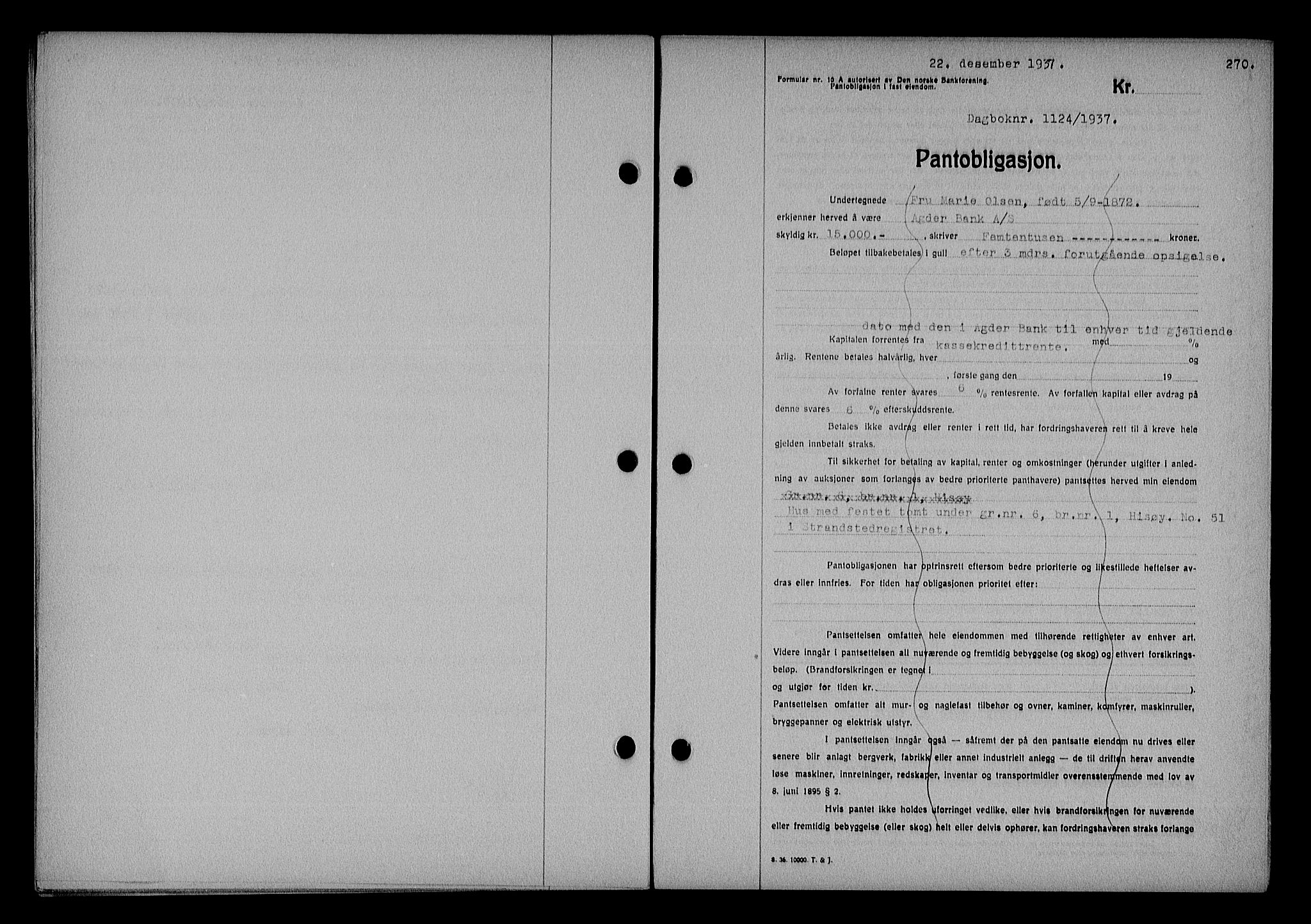 Nedenes sorenskriveri, SAK/1221-0006/G/Gb/Gba/L0044: Mortgage book no. 40, 1937-1938, Diary no: : 1124/1937