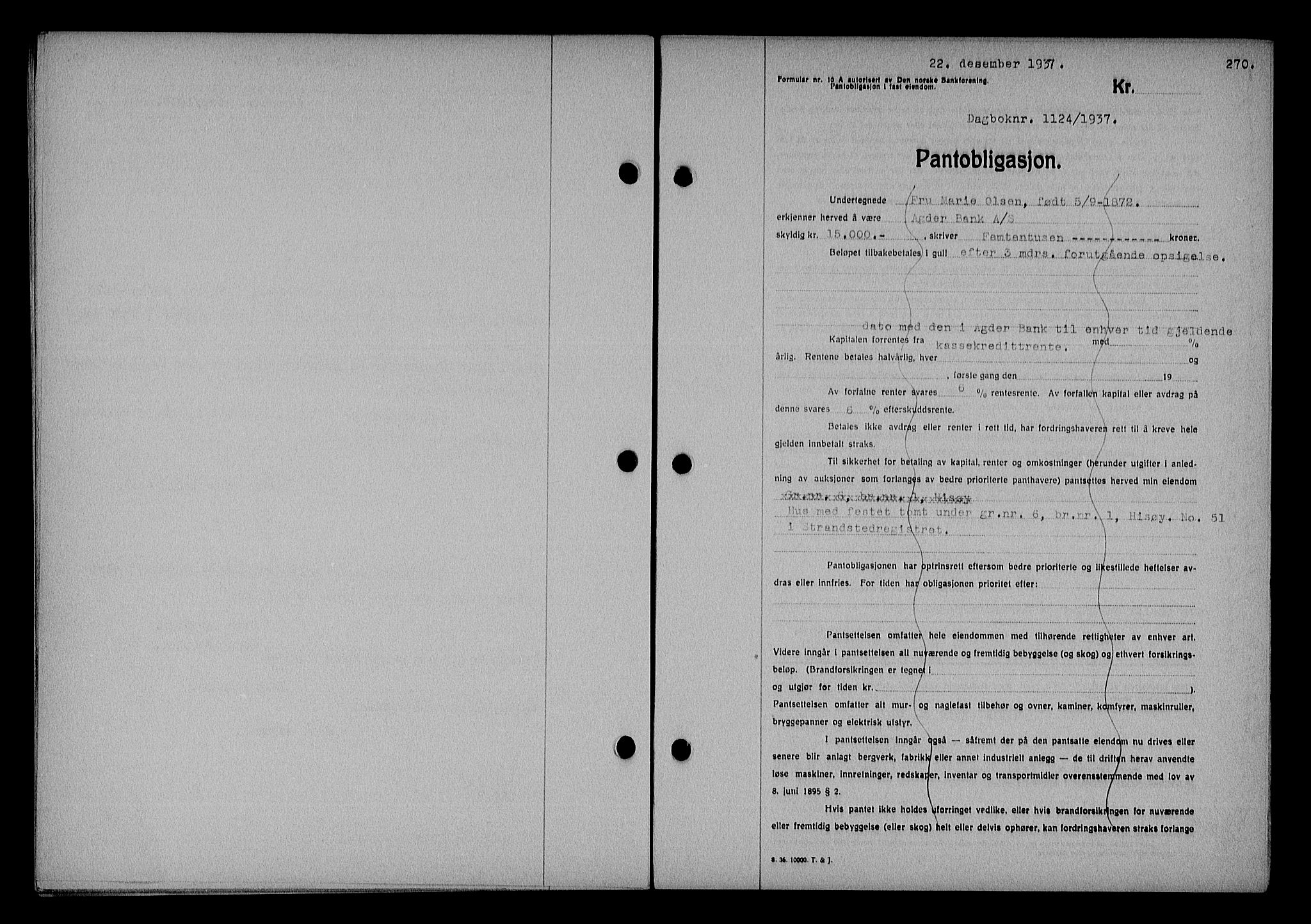 Nedenes sorenskriveri, AV/SAK-1221-0006/G/Gb/Gba/L0044: Mortgage book no. 40, 1937-1938, Diary no: : 1124/1937