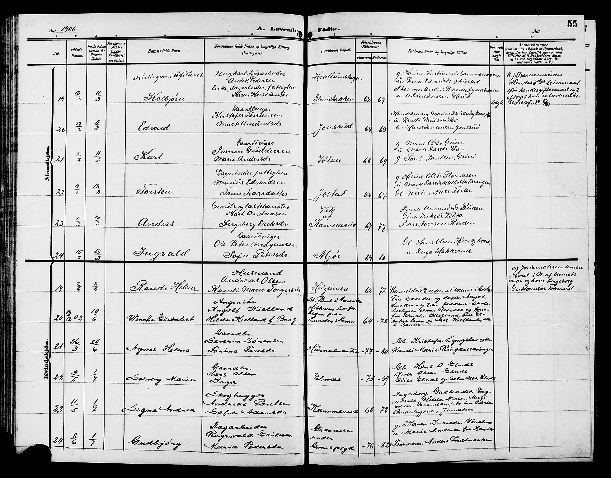 Gran prestekontor, AV/SAH-PREST-112/H/Ha/Hab/L0006: Parish register (copy) no. 6, 1901-1911, p. 55