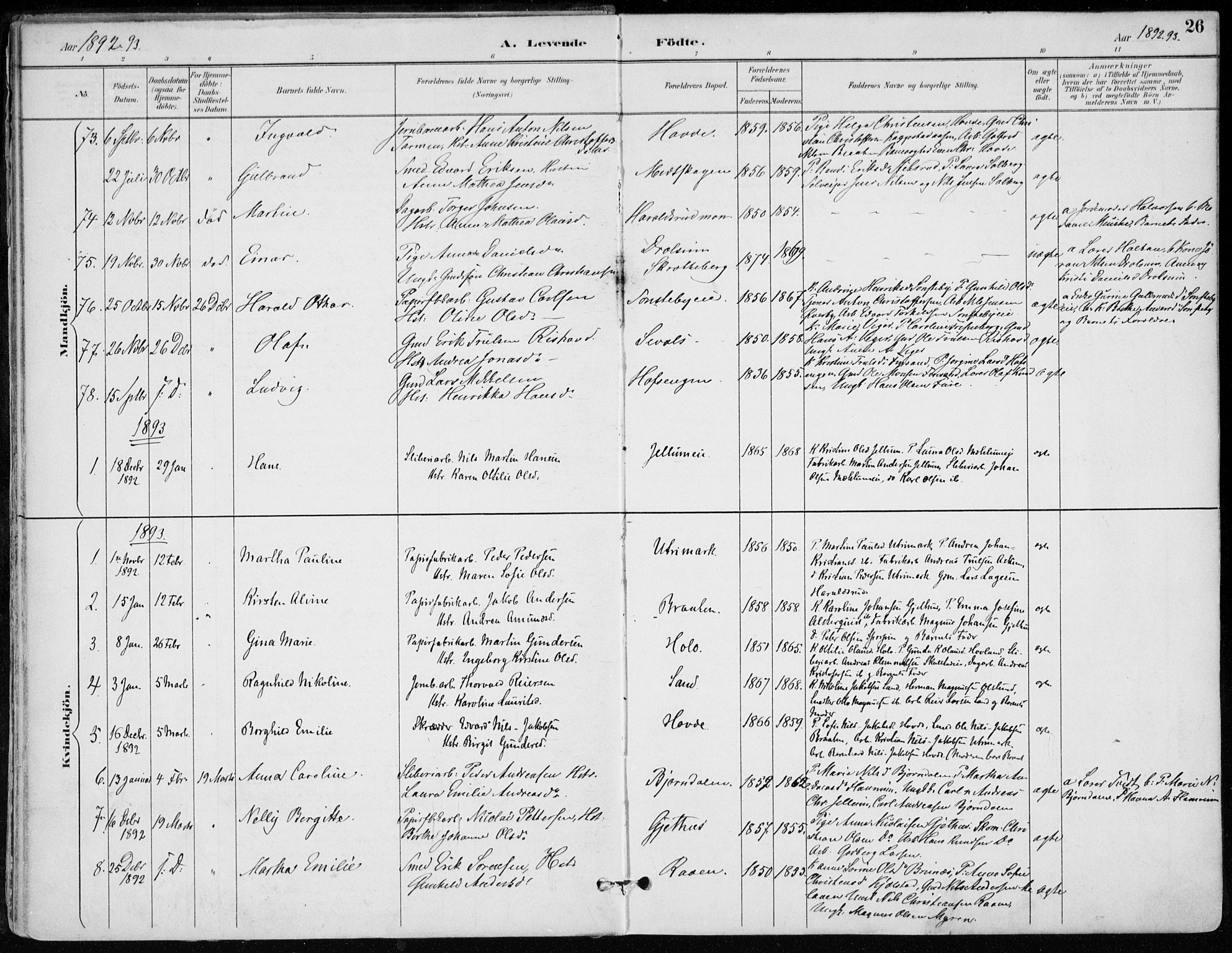 Modum kirkebøker, AV/SAKO-A-234/F/Fa/L0012: Parish register (official) no. 12, 1890-1898, p. 26