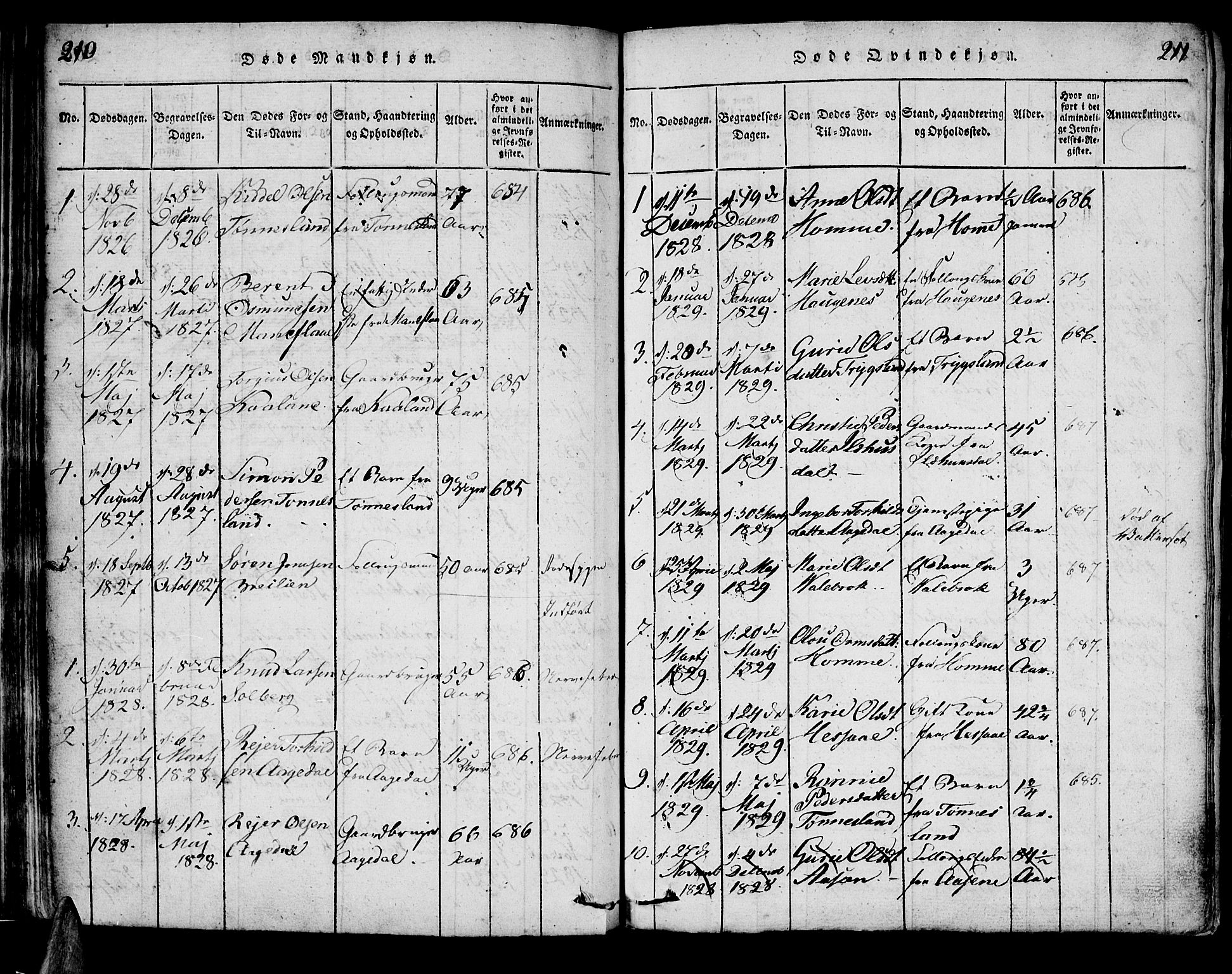 Bjelland sokneprestkontor, SAK/1111-0005/F/Fa/Faa/L0002: Parish register (official) no. A 2, 1816-1866, p. 210-211