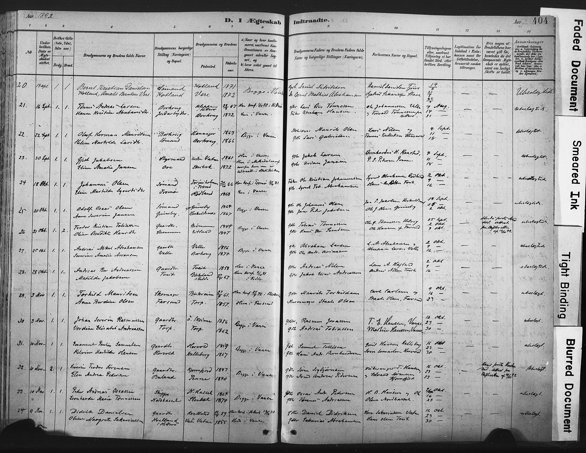Lista sokneprestkontor, SAK/1111-0027/F/Fa/L0012: Parish register (official) no. A 12, 1879-1903, p. 404