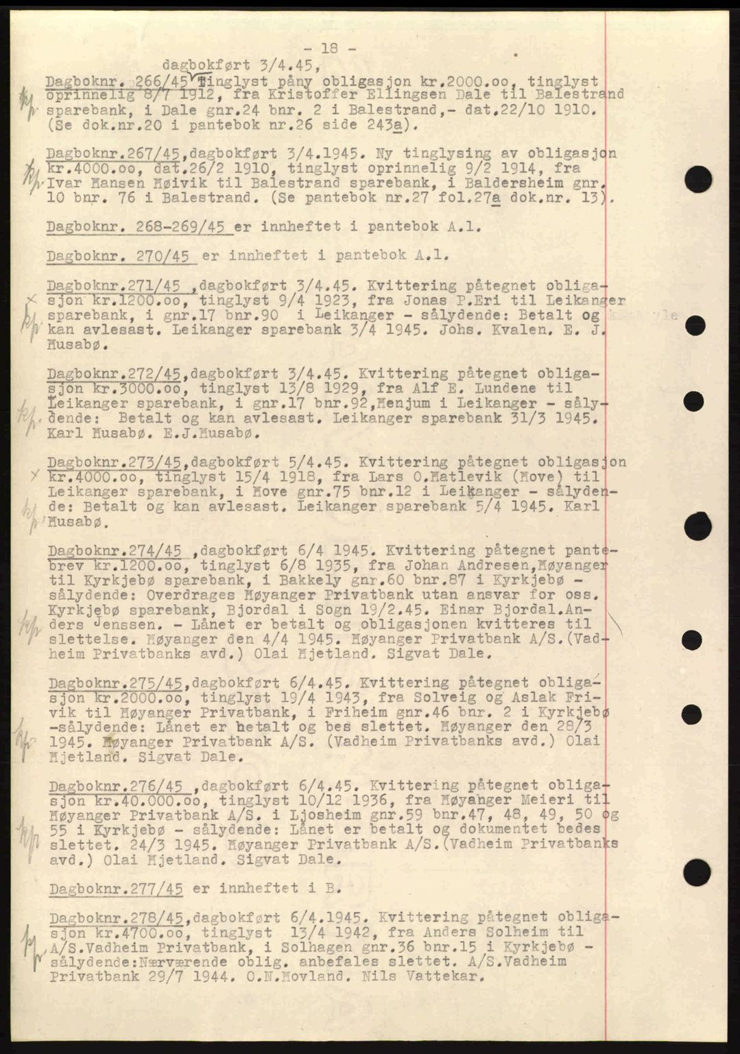 Ytre Sogn tingrett, SAB/A-2601/1/G/Gbc/L0001: Mortgage book no. B1, 1945-1945, Diary no: : 266/1945