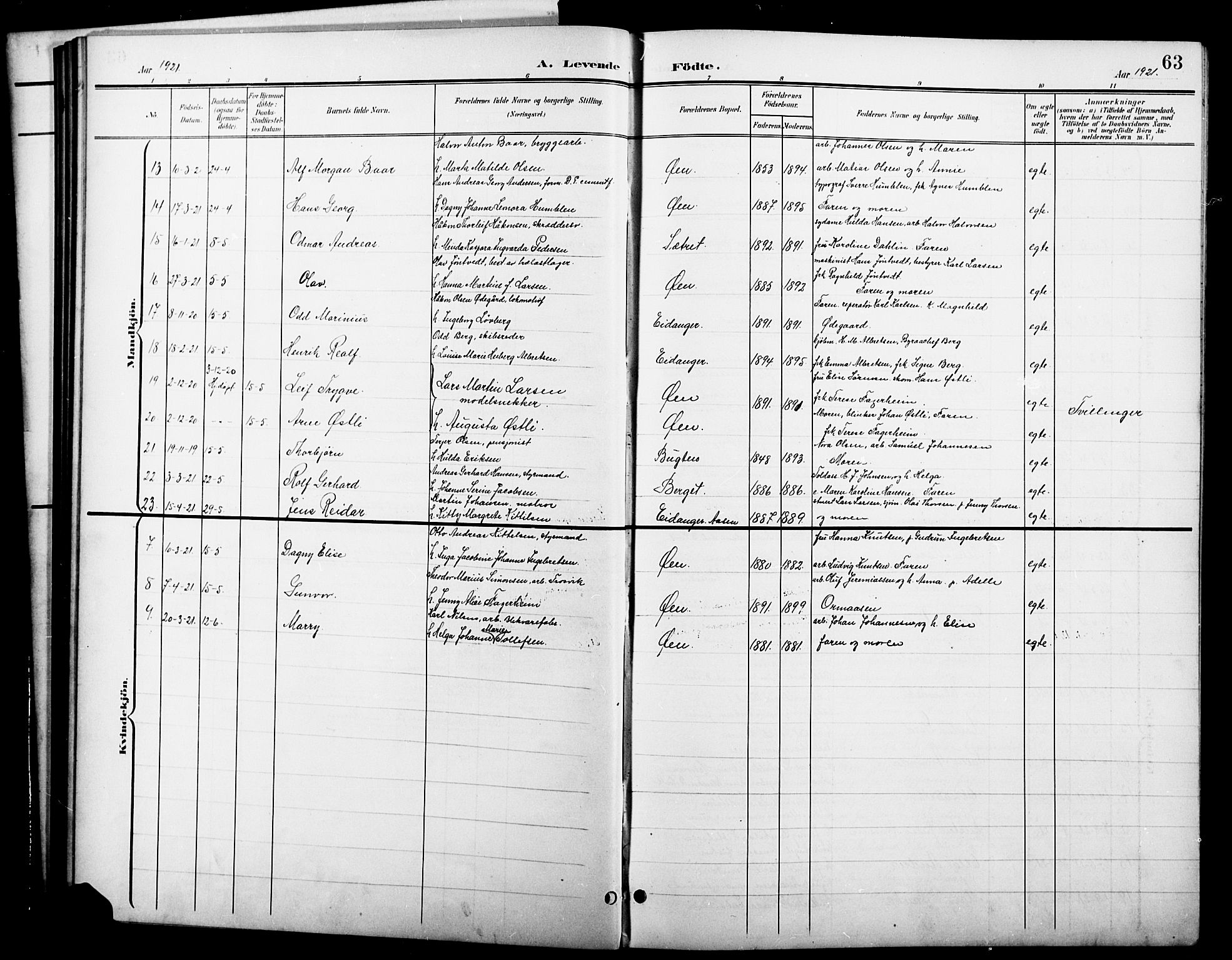Brevik kirkebøker, SAKO/A-255/G/Ga/L0005: Parish register (copy) no. 5, 1901-1924, p. 63