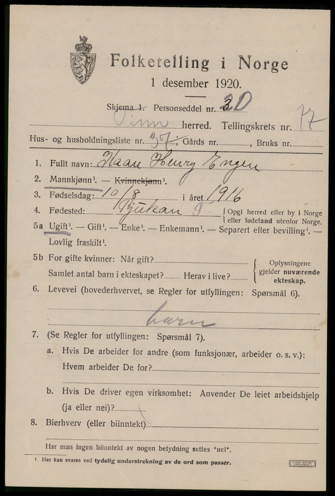 SAKO, 1920 census for Tinn, 1920, p. 19394