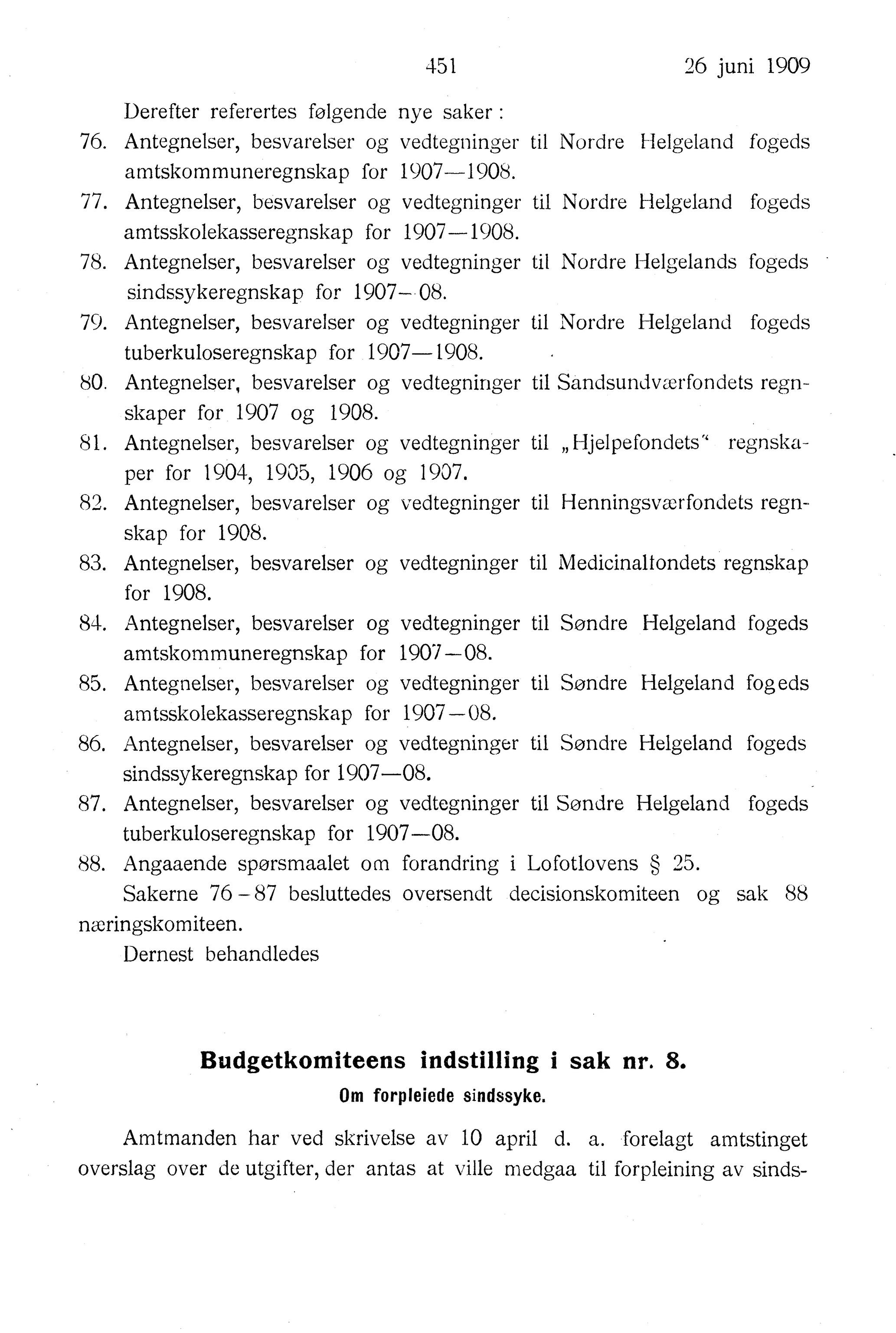 Nordland Fylkeskommune. Fylkestinget, AIN/NFK-17/176/A/Ac/L0032: Fylkestingsforhandlinger 1909, 1909