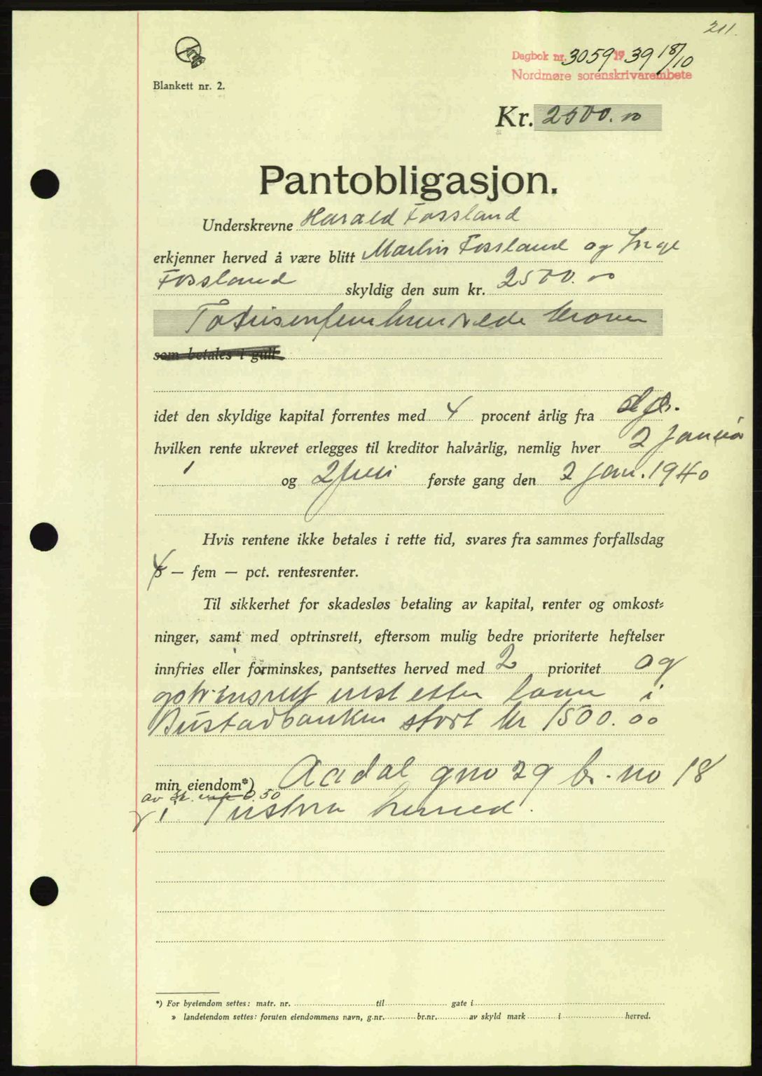 Nordmøre sorenskriveri, AV/SAT-A-4132/1/2/2Ca: Mortgage book no. B86, 1939-1940, Diary no: : 3059/1939