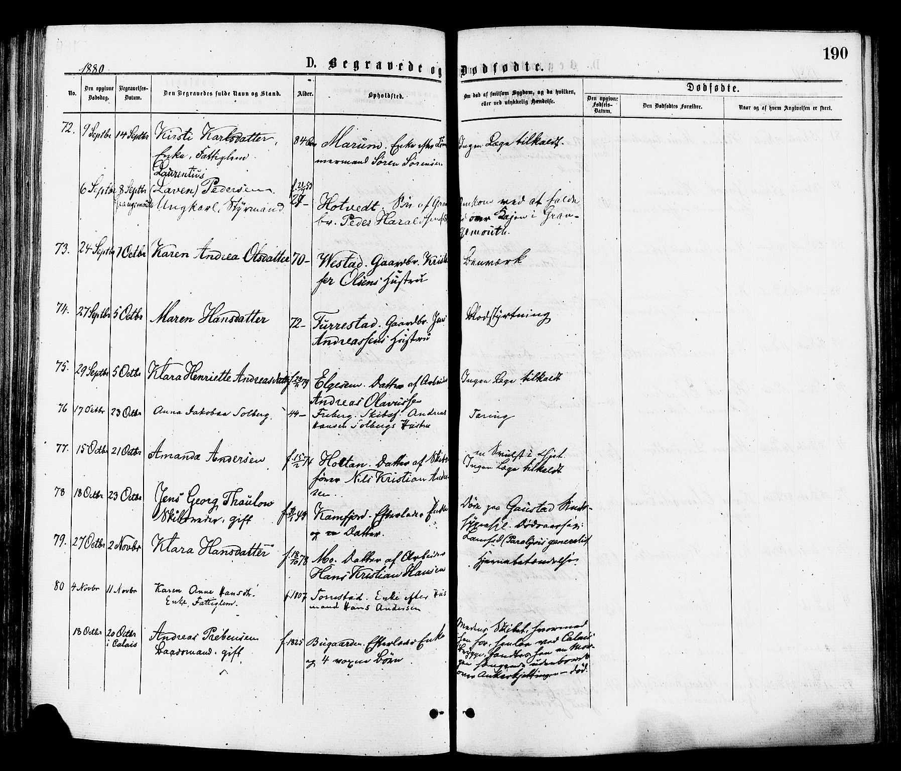 Sandar kirkebøker, SAKO/A-243/F/Fa/L0011: Parish register (official) no. 11, 1872-1882, p. 190