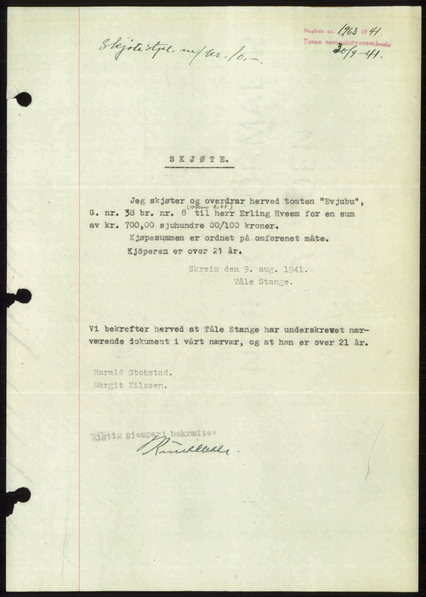 Toten tingrett, SAH/TING-006/H/Hb/Hbc/L0008: Mortgage book no. Hbc-08, 1941-1941, Diary no: : 1963/1941