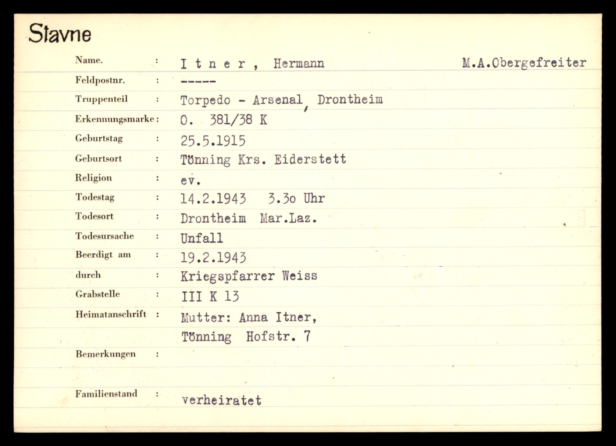 Distriktskontoret for krigsgraver, SAT/A-5030/E/L0003: Kasett/kartotek over tysk Krigskirkegård Stavne, 1945, p. 609
