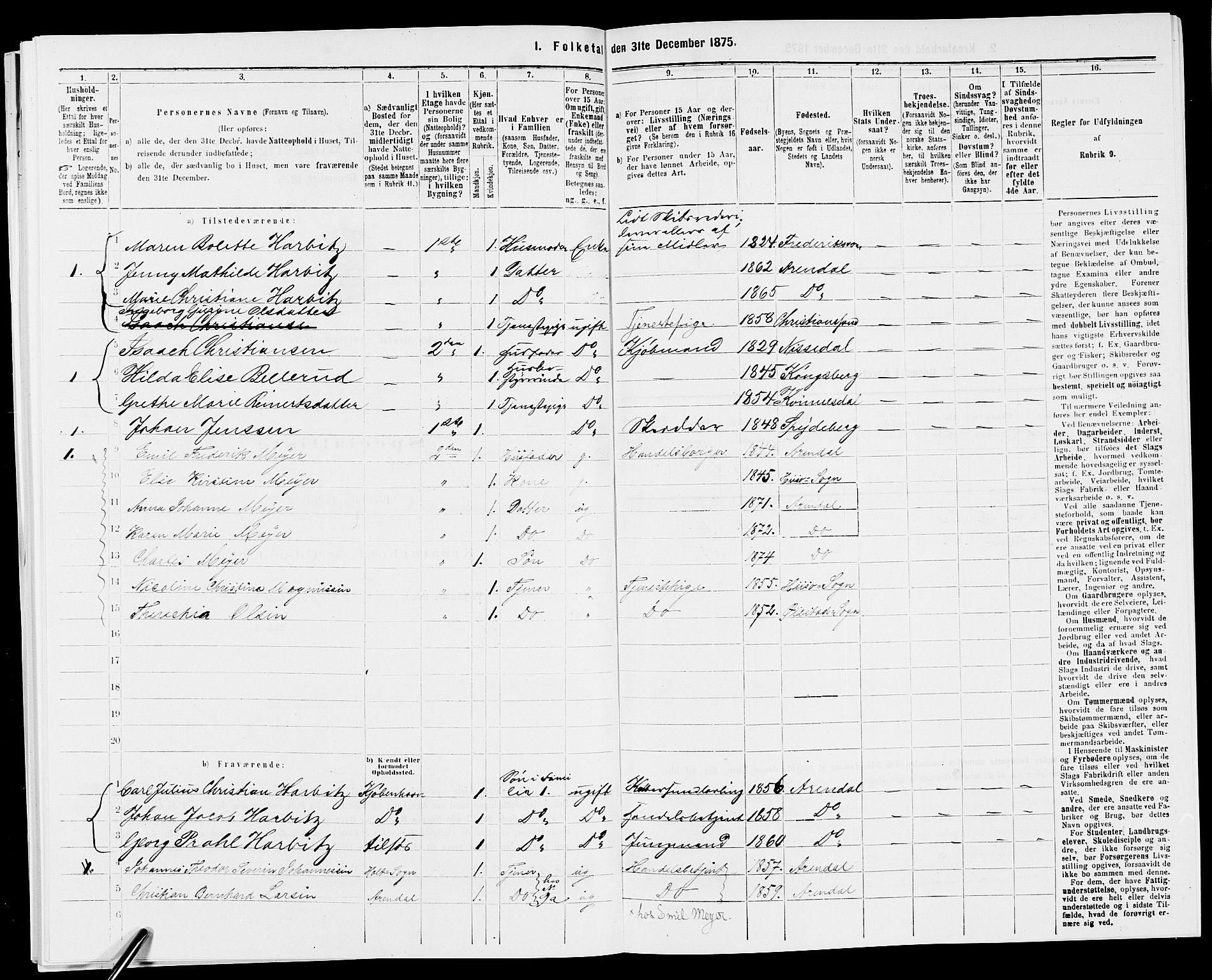 SAK, 1875 census for 0903P Arendal, 1875, p. 296