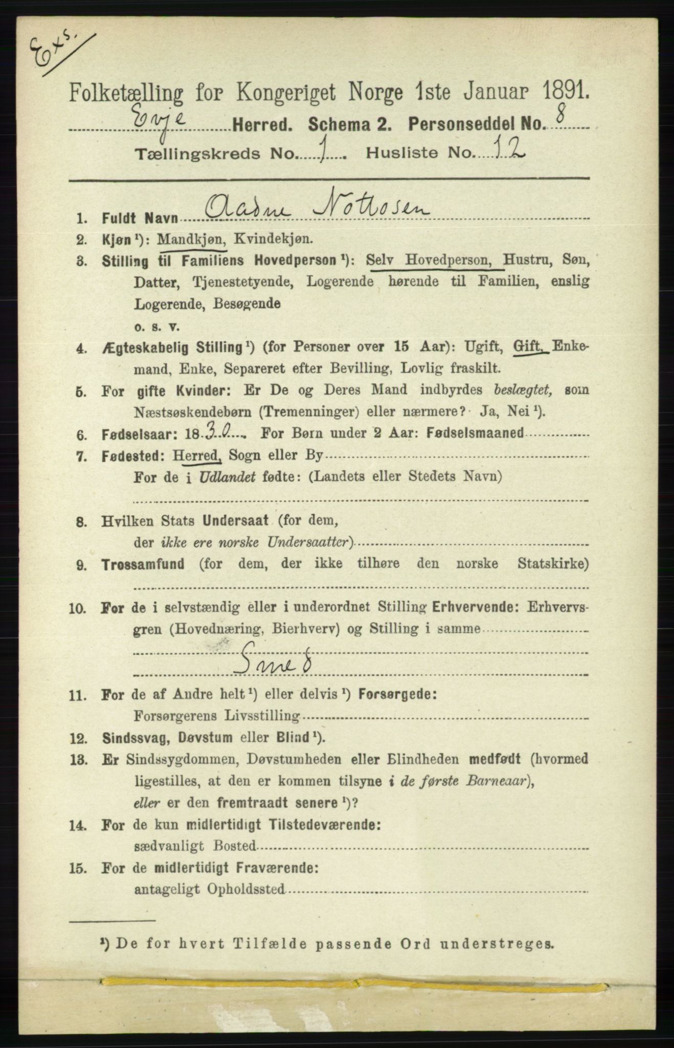 RA, Census 1891 for Nedenes amt: Gjenparter av personsedler for beslektede ektefeller, menn, 1891, p. 991