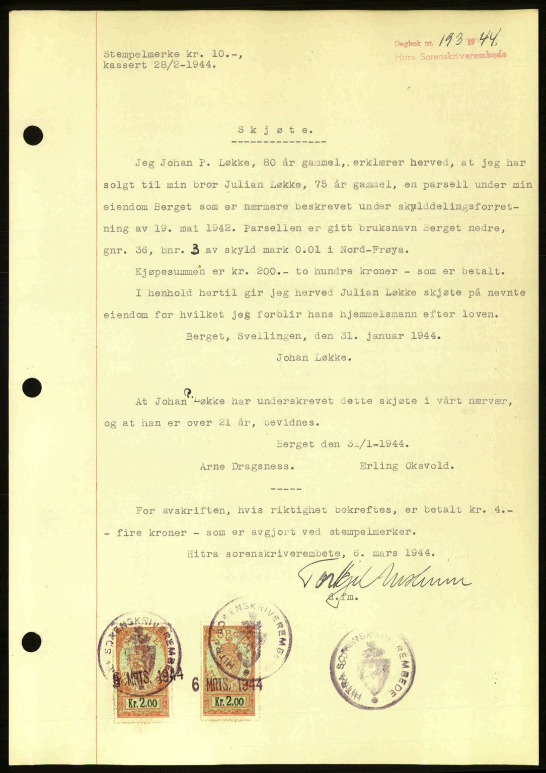 Hitra sorenskriveri, AV/SAT-A-0018/2/2C/2Ca: Mortgage book no. A2, 1943-1945, Diary no: : 193/1944