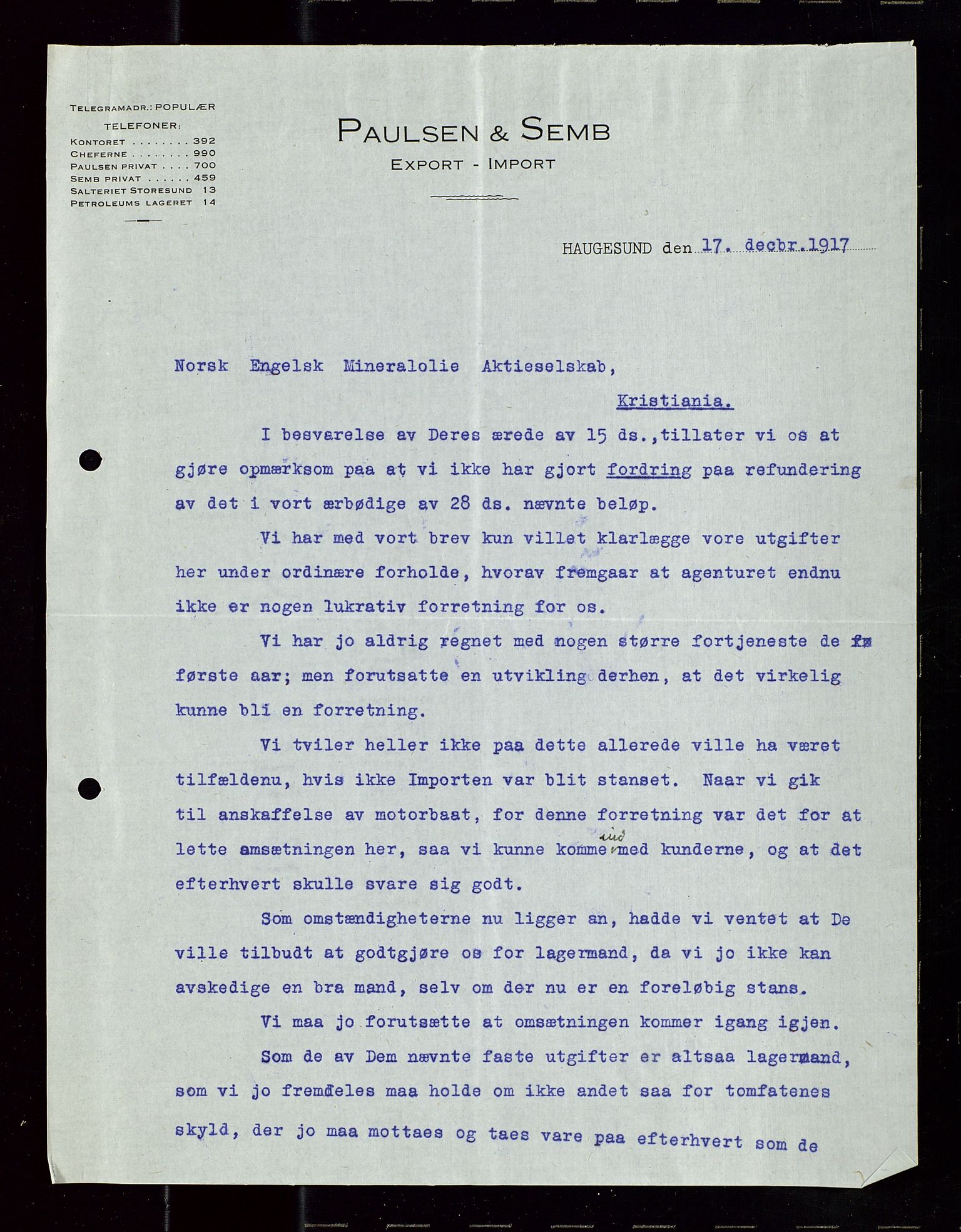 Pa 1521 - A/S Norske Shell, SAST/A-101915/E/Ea/Eaa/L0020: Sjefskorrespondanse, 1917, p. 128