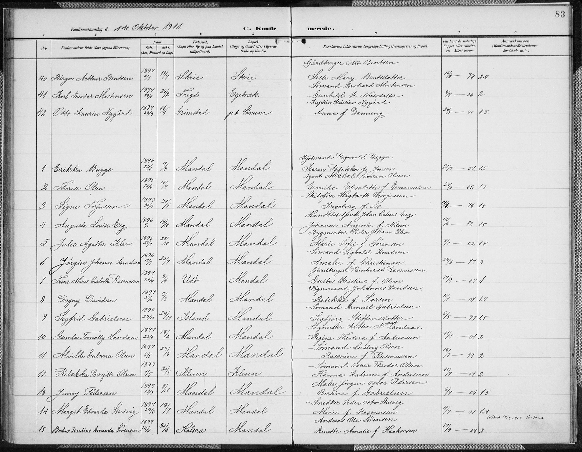 Mandal sokneprestkontor, AV/SAK-1111-0030/F/Fa/Faa/L0019: Parish register (official) no. A 19, 1902-1912, p. 83