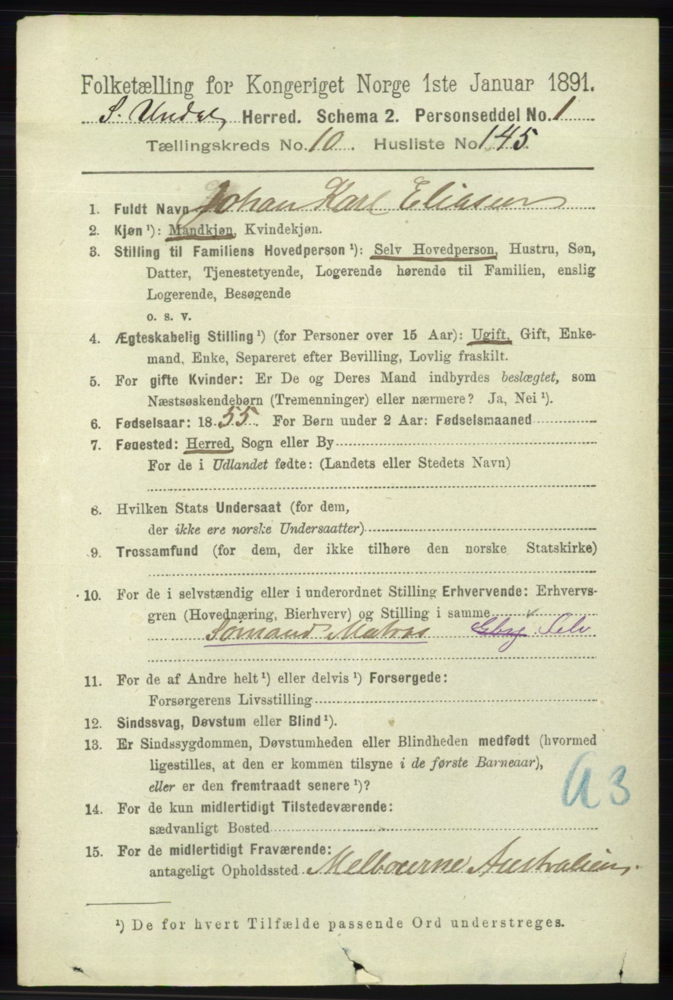 RA, 1891 census for 1029 Sør-Audnedal, 1891, p. 5058