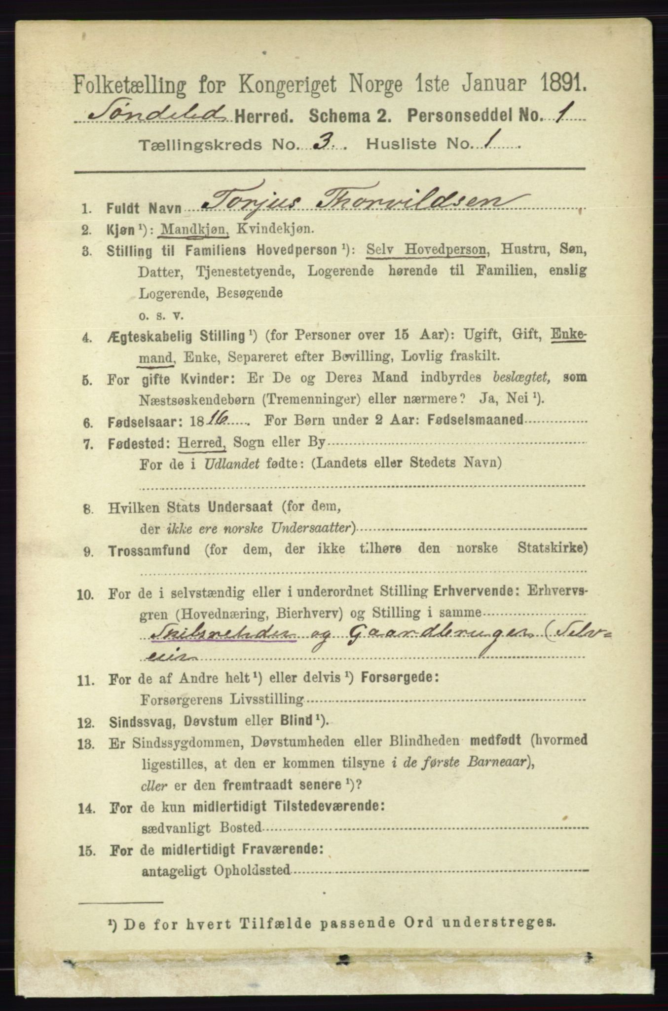 RA, 1891 census for 0913 Søndeled, 1891, p. 601