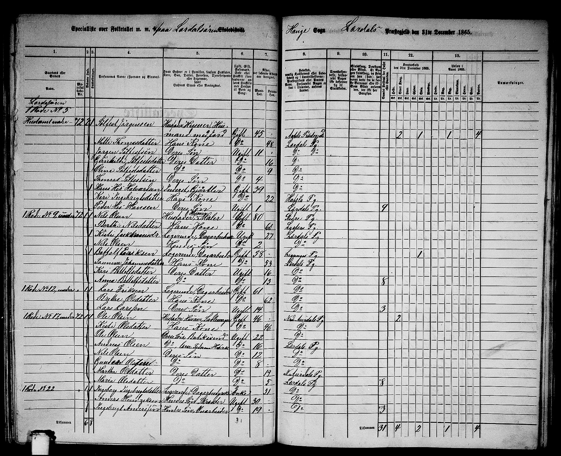 RA, 1865 census for Lærdal, 1865, p. 135