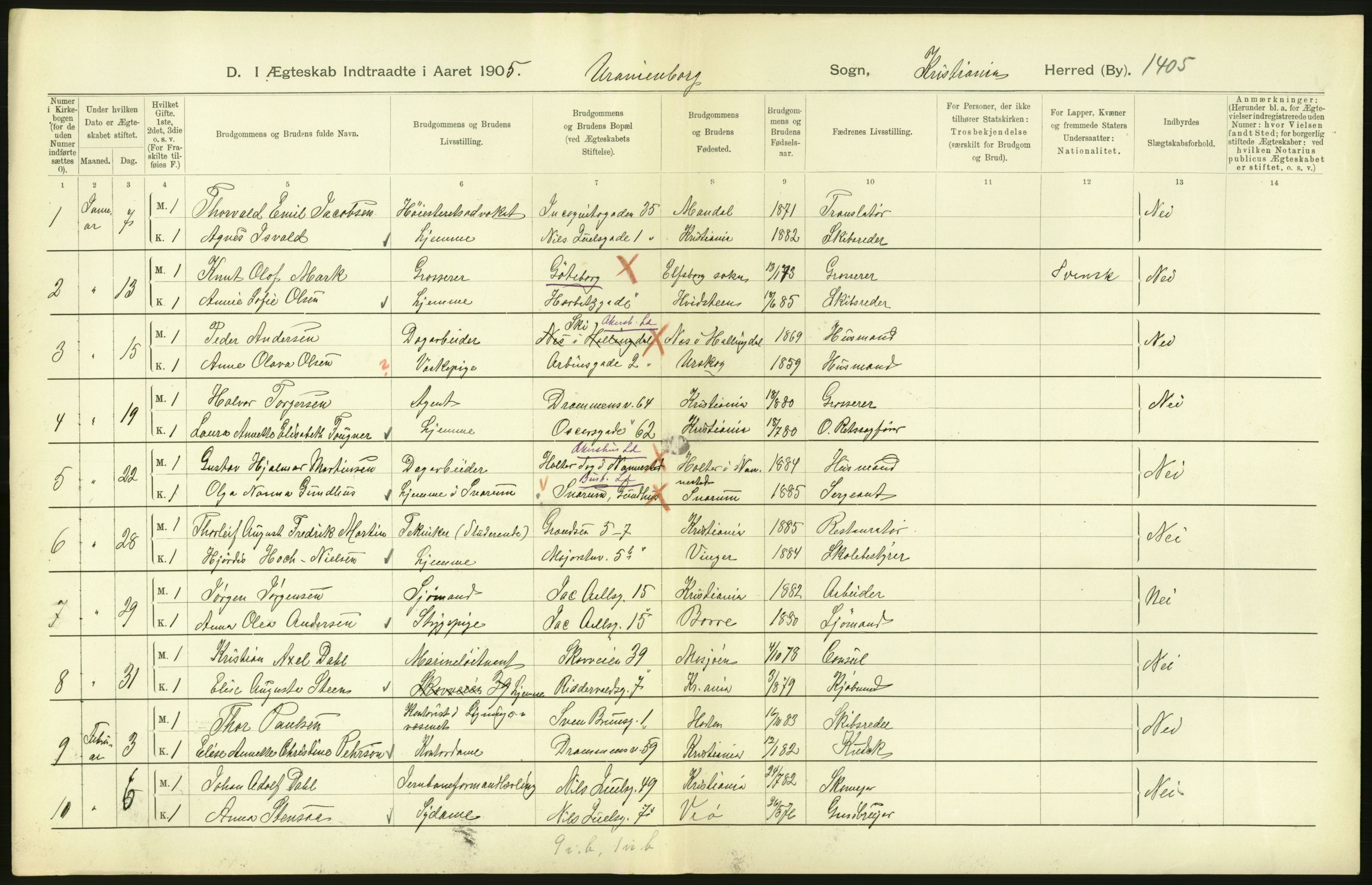 Statistisk sentralbyrå, Sosiodemografiske emner, Befolkning, AV/RA-S-2228/D/Df/Dfa/Dfac/L0007b: Kristiania: Gifte, 1905, p. 184