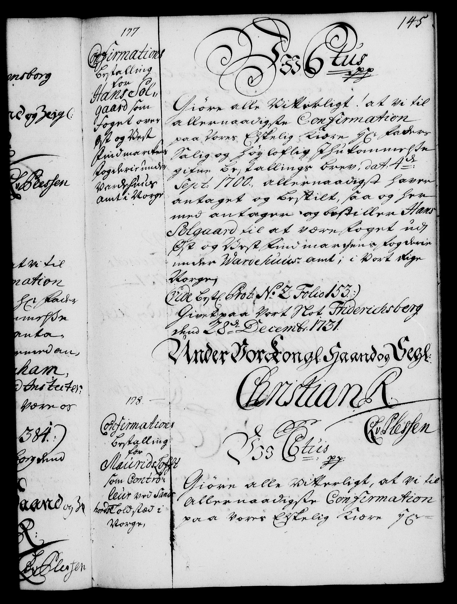 Rentekammeret, Kammerkanselliet, AV/RA-EA-3111/G/Gg/Ggg/L0001: Norsk konfirmasjonsbestallingsprotokoll med register (merket RK 53.31), 1731-1737, p. 145