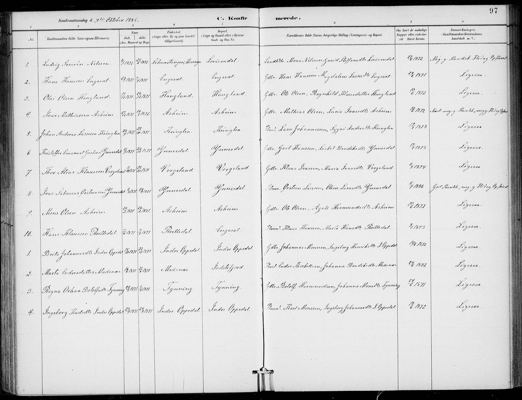 Gulen sokneprestembete, AV/SAB-A-80201/H/Haa/Haac/L0002: Parish register (official) no. C  2, 1882-1914, p. 97