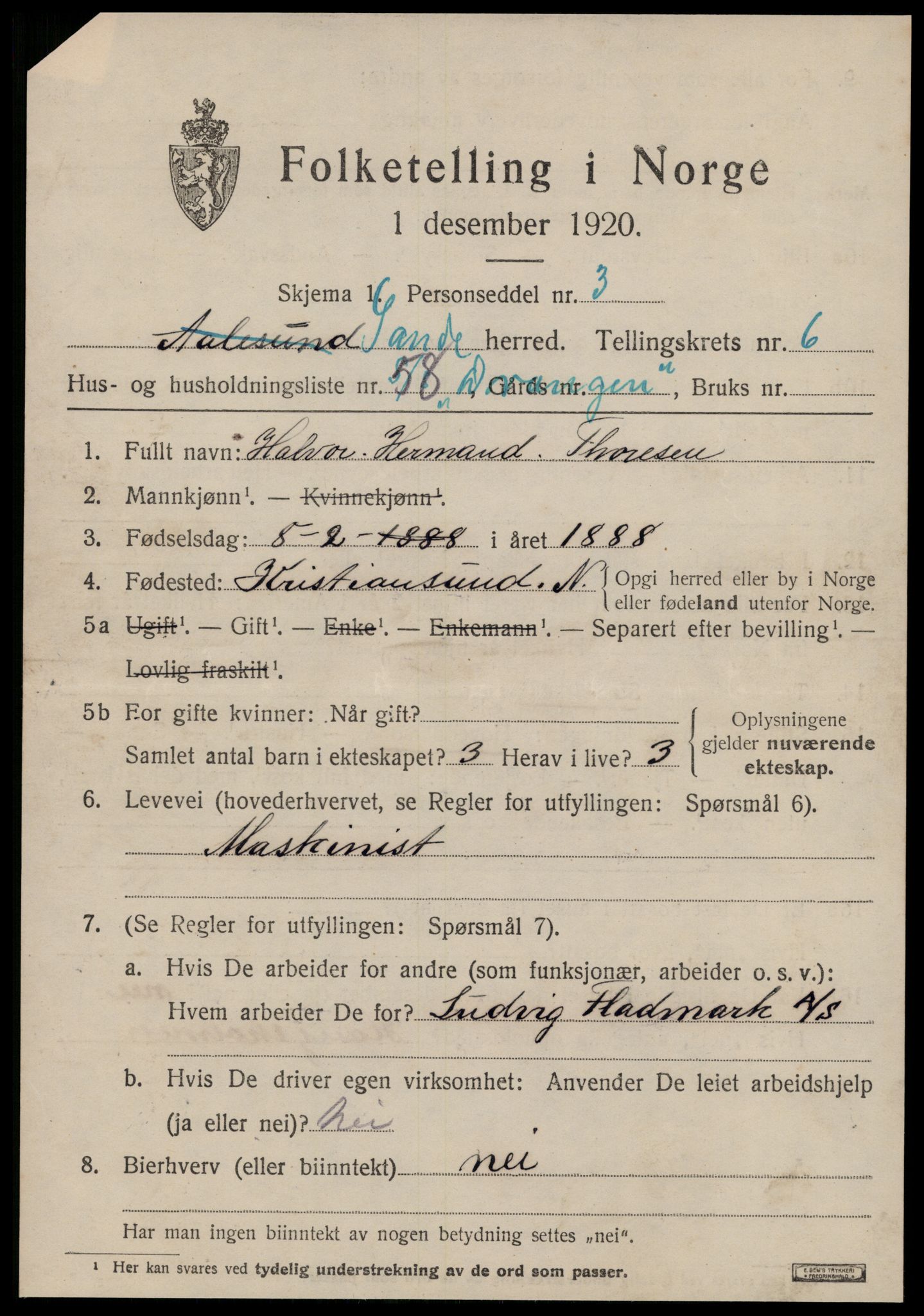 SAT, 1920 census for Sande (MR), 1920, p. 4262