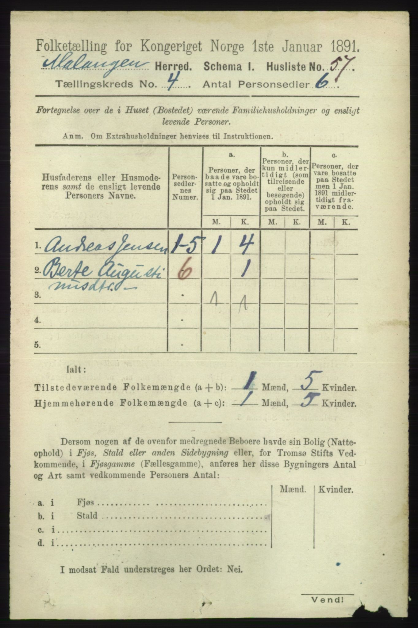RA, 1891 census for 1932 Malangen, 1891, p. 1092
