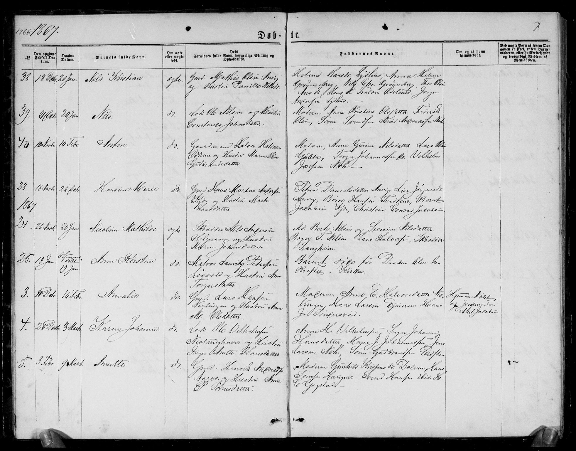 Brunlanes kirkebøker, SAKO/A-342/G/Gb/L0001: Parish register (copy) no. II 1, 1866-1877, p. 7