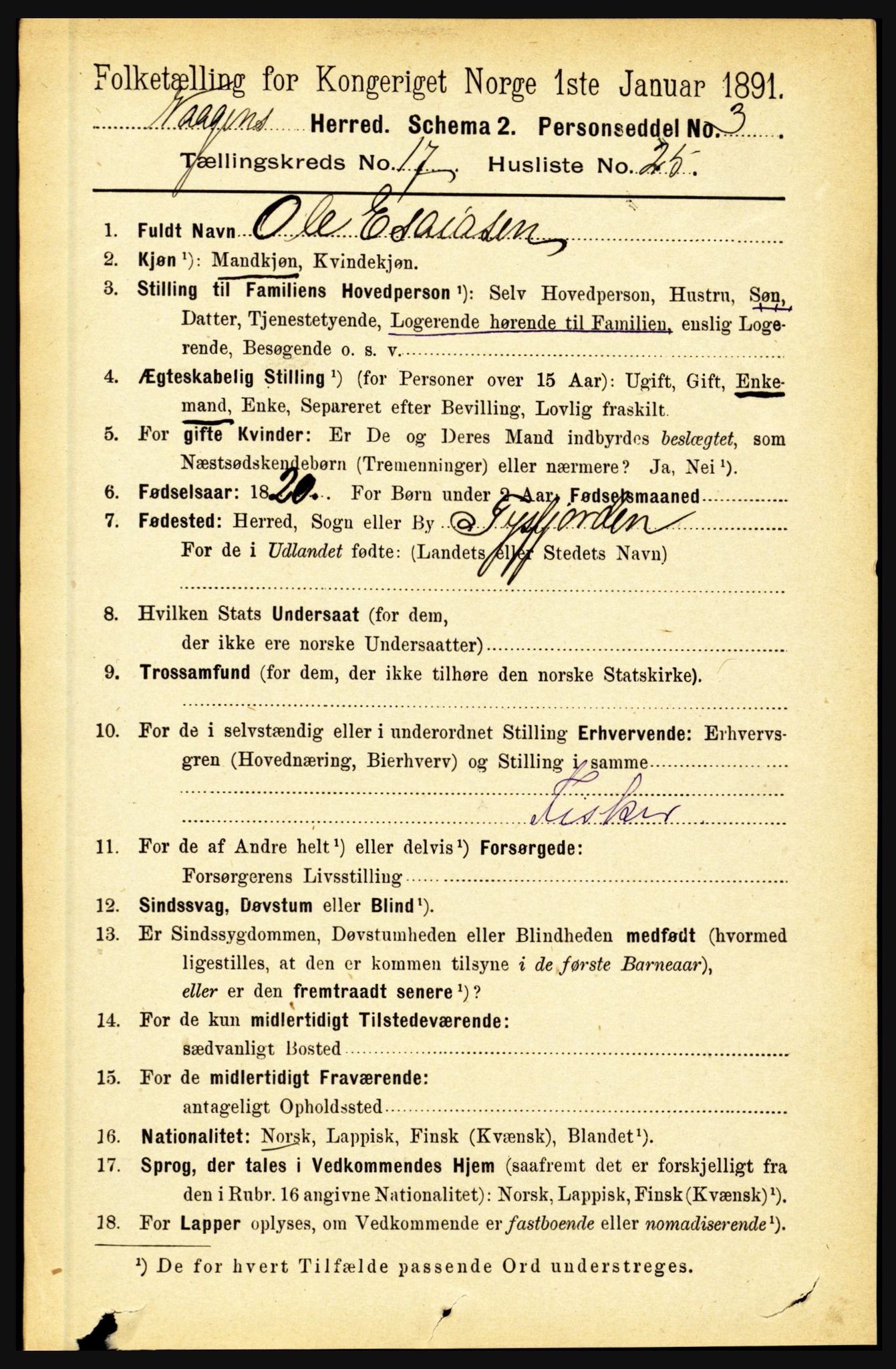 RA, 1891 census for 1865 Vågan, 1891, p. 5066