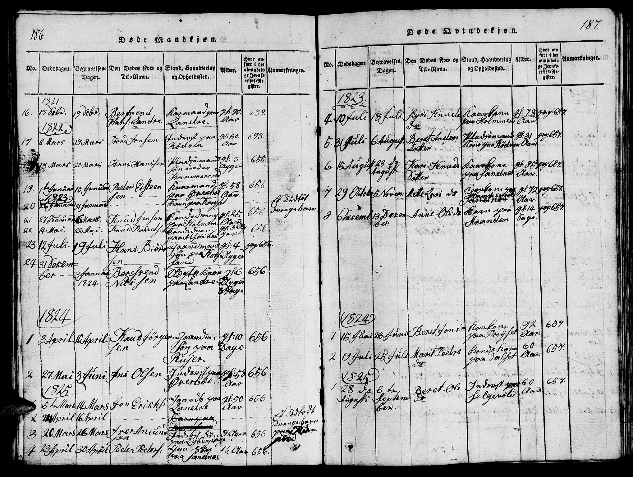 Ministerialprotokoller, klokkerbøker og fødselsregistre - Møre og Romsdal, AV/SAT-A-1454/548/L0613: Parish register (copy) no. 548C01, 1818-1846, p. 186-187