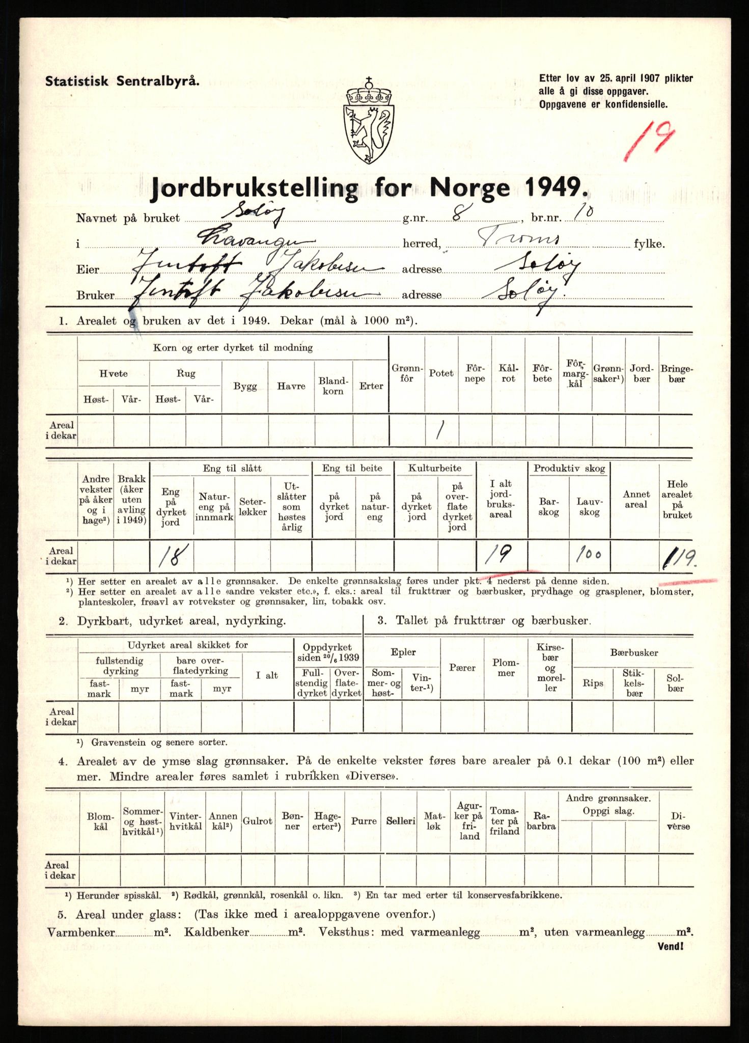 Statistisk sentralbyrå, Næringsøkonomiske emner, Jordbruk, skogbruk, jakt, fiske og fangst, AV/RA-S-2234/G/Gc/L0437: Troms: Gratangen og Lavangen, 1949, p. 68