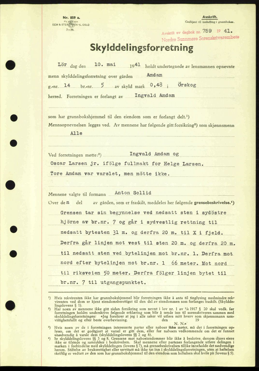Nordre Sunnmøre sorenskriveri, SAT/A-0006/1/2/2C/2Ca: Mortgage book no. A11, 1941-1941, Diary no: : 759/1941