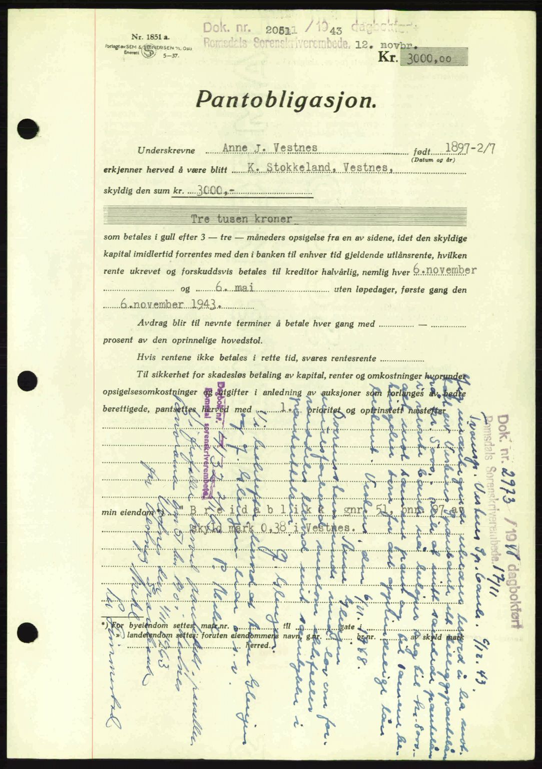 Romsdal sorenskriveri, AV/SAT-A-4149/1/2/2C: Mortgage book no. B2, 1939-1945, Diary no: : 2051/1943