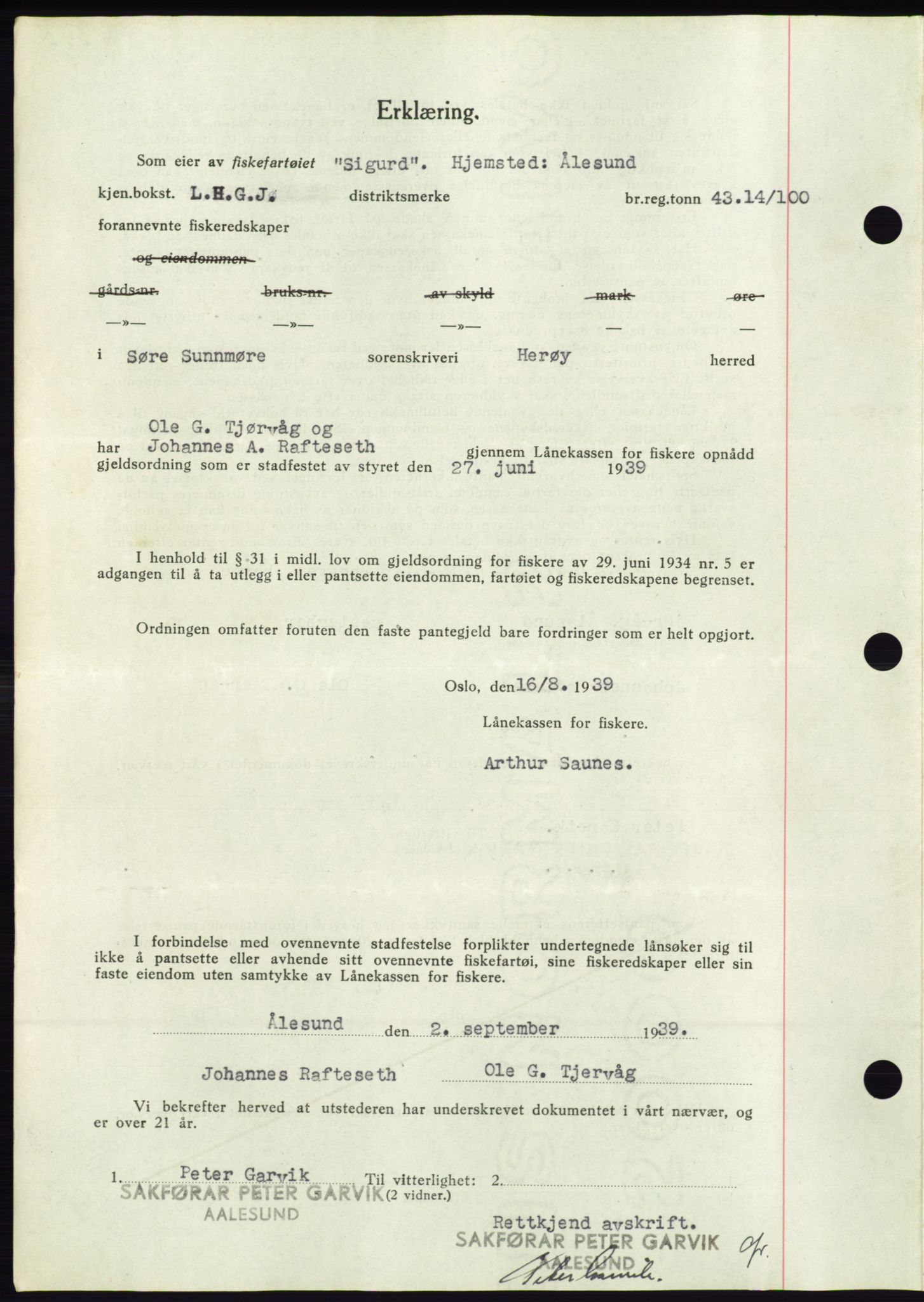 Søre Sunnmøre sorenskriveri, AV/SAT-A-4122/1/2/2C/L0068: Mortgage book no. 62, 1939-1939, Diary no: : 1376/1939