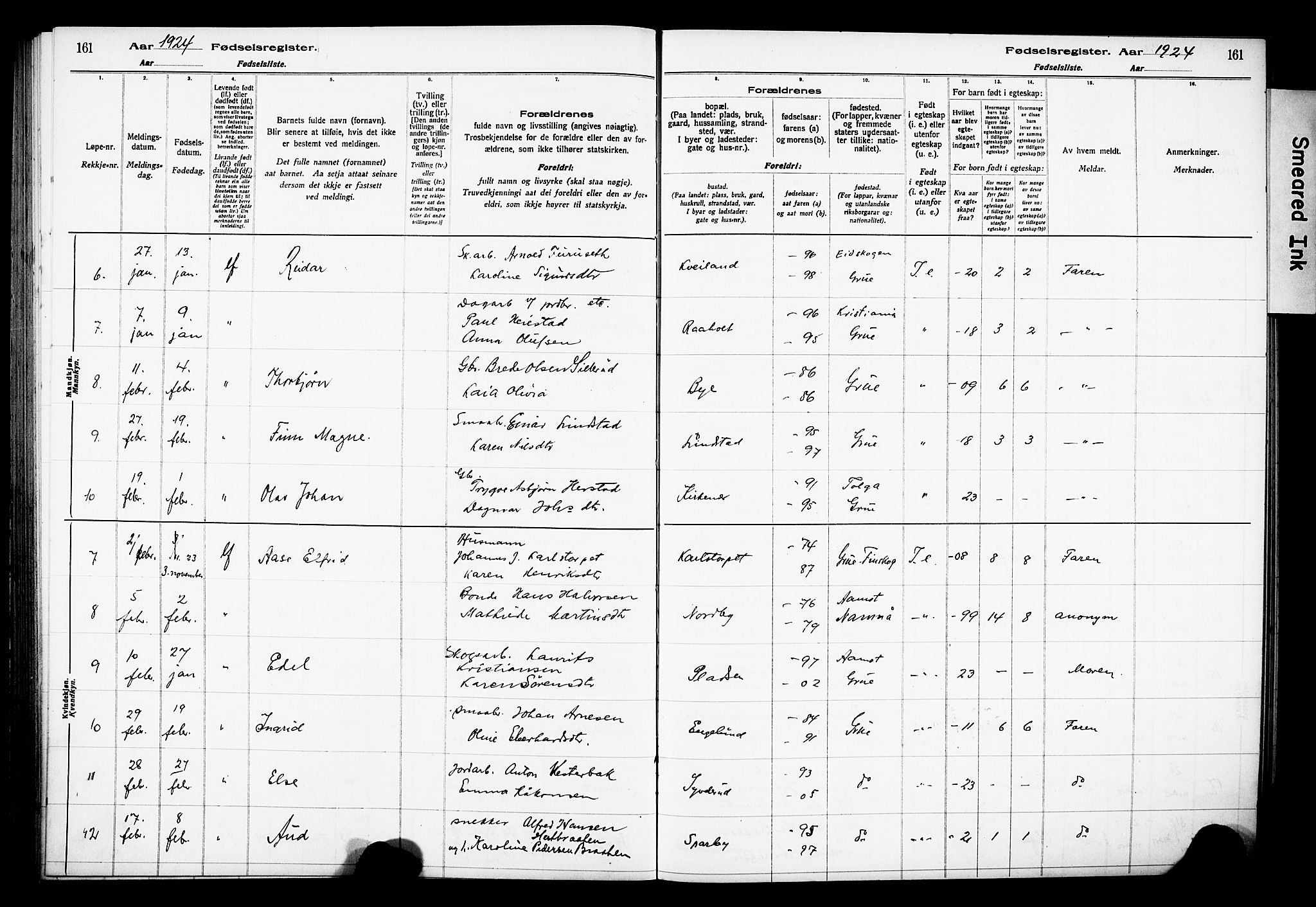 Grue prestekontor, AV/SAH-PREST-036/I/Id/Ida/L0001: Birth register no. I 1, 1916-1926, p. 161