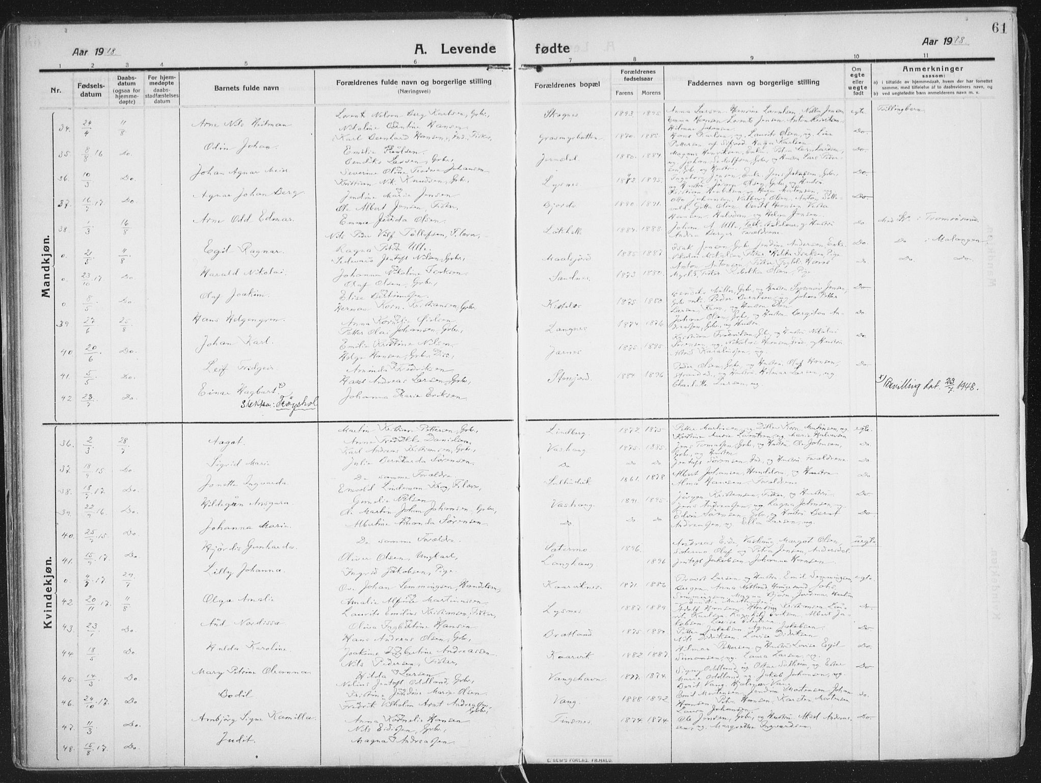 Lenvik sokneprestembete, SATØ/S-1310/H/Ha/Haa/L0016kirke: Parish register (official) no. 16, 1910-1924, p. 61