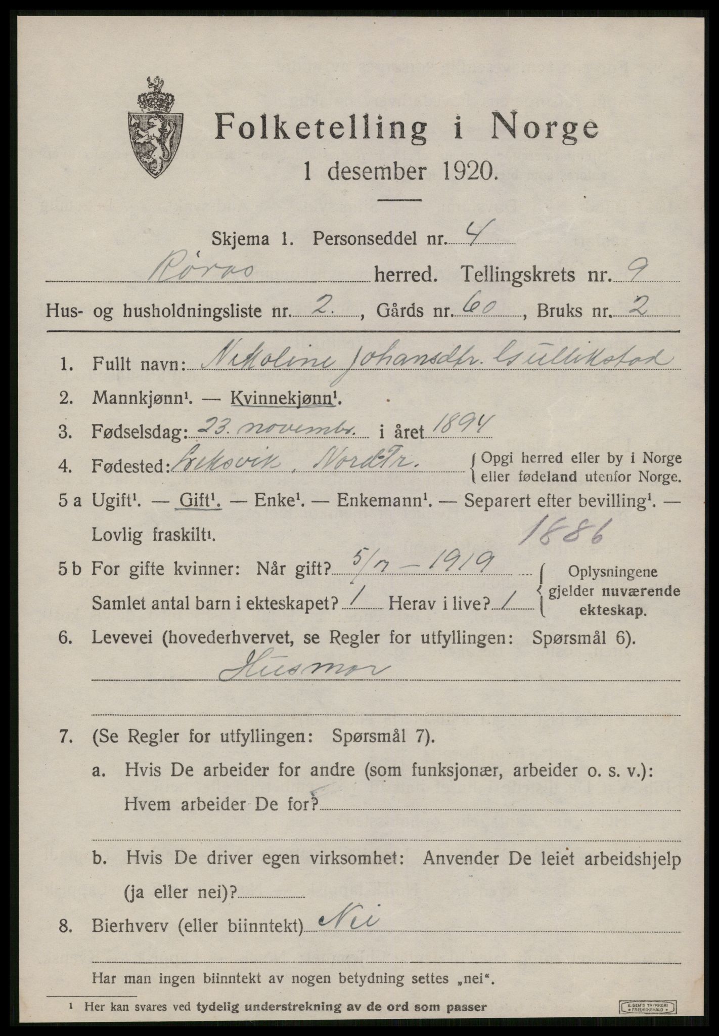 SAT, 1920 census for Røros, 1920, p. 7706