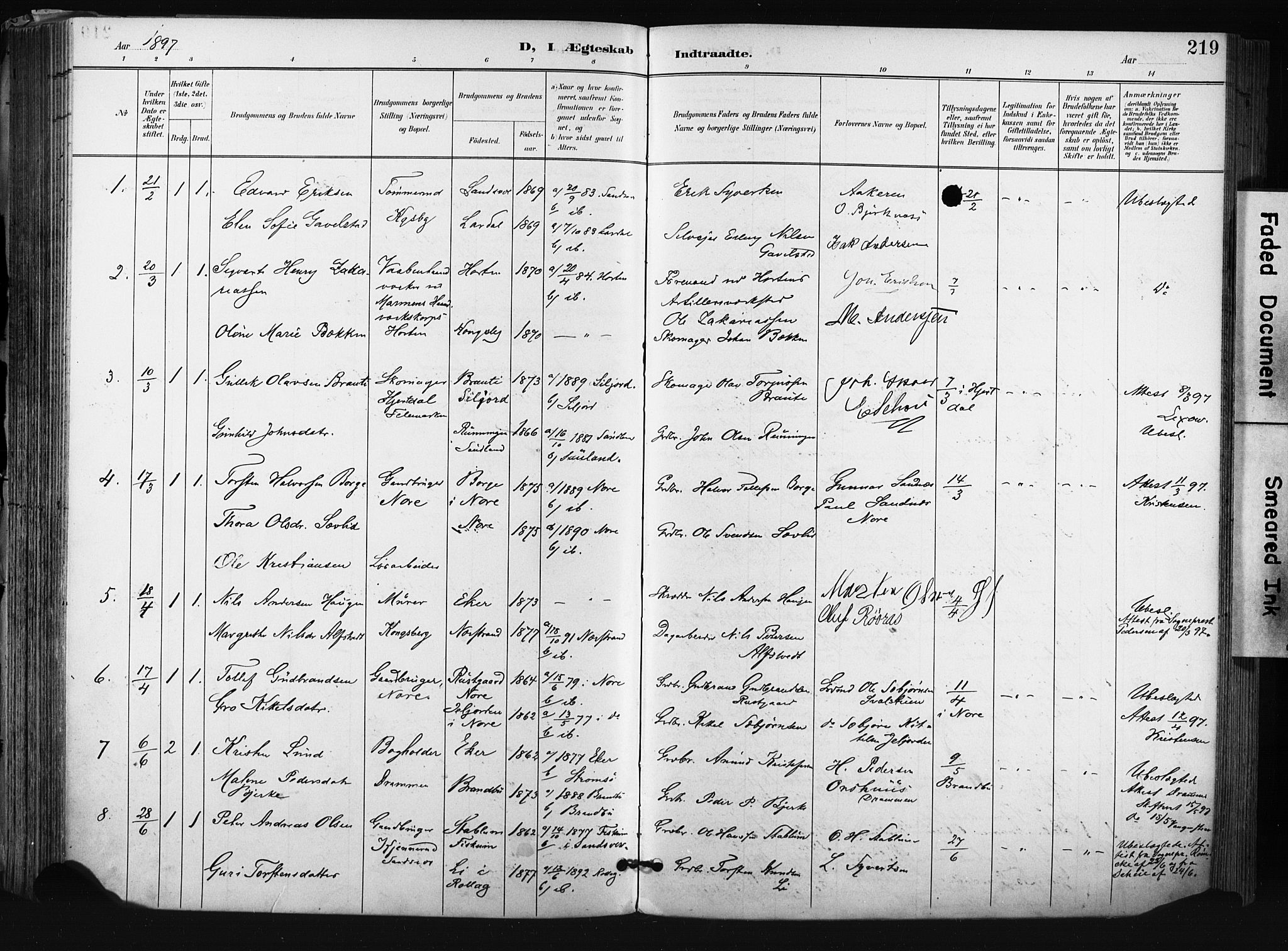 Kongsberg kirkebøker, AV/SAKO-A-22/F/Fb/L0003: Parish register (official) no. II 3, 1896-1905, p. 219