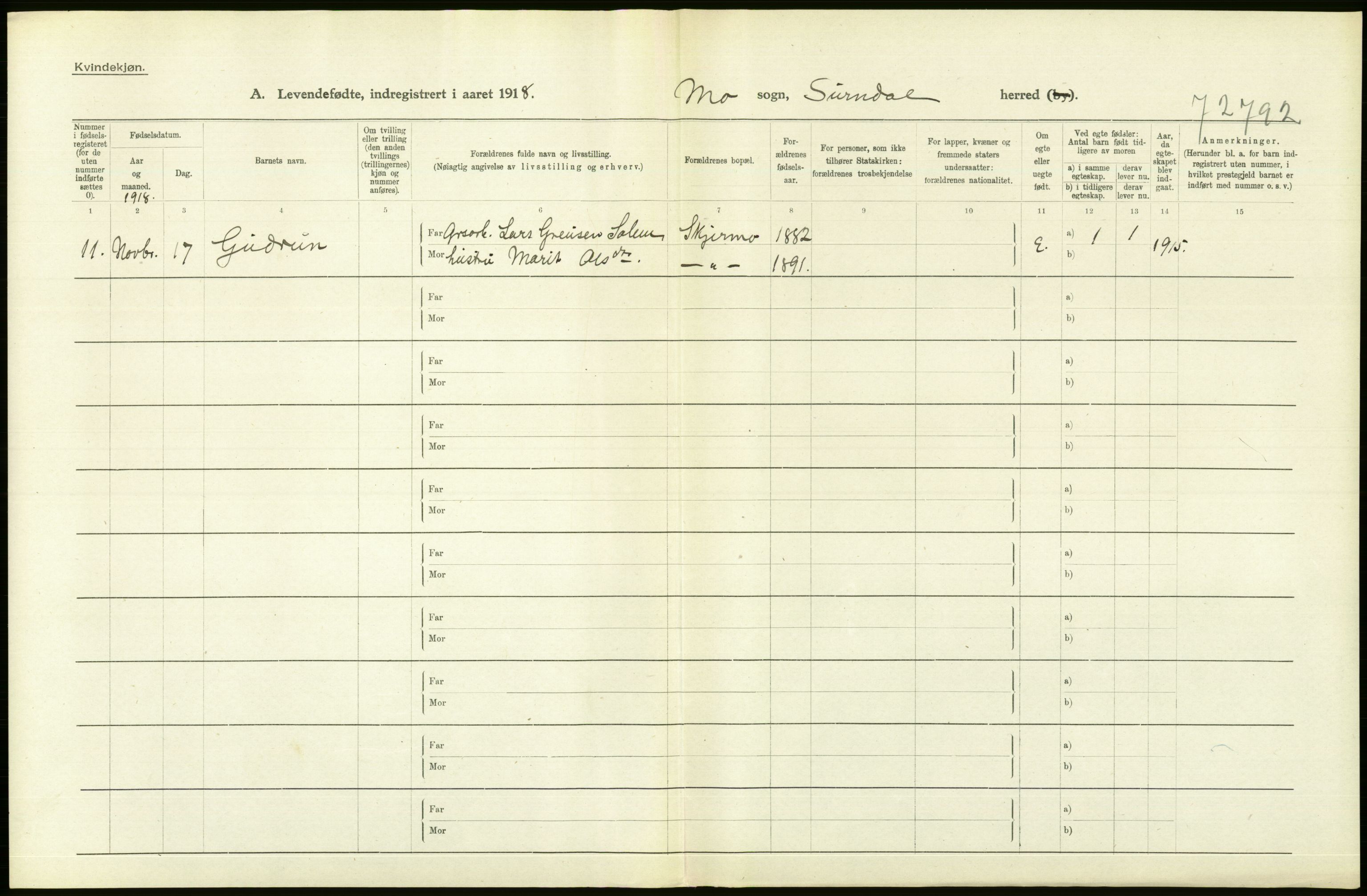 Statistisk sentralbyrå, Sosiodemografiske emner, Befolkning, RA/S-2228/D/Df/Dfb/Dfbh/L0043: Møre fylke: Levendefødte menn og kvinner. Bygder., 1918, p. 130