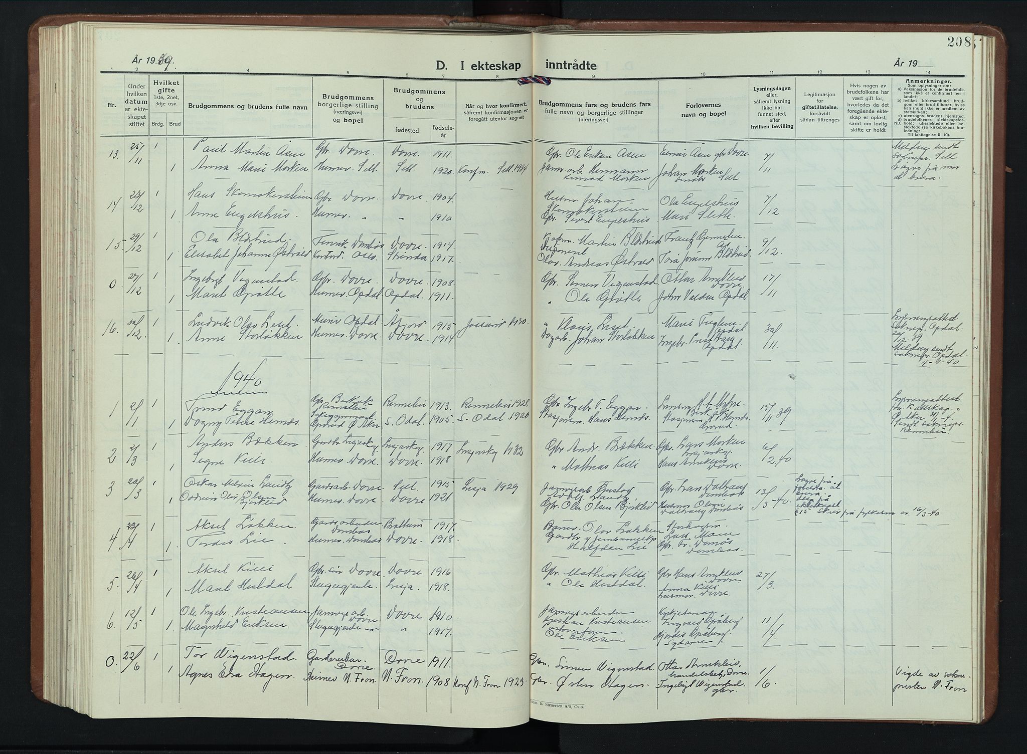 Dovre prestekontor, AV/SAH-PREST-066/H/Ha/Hab/L0004: Parish register (copy) no. 4, 1926-1949, p. 208