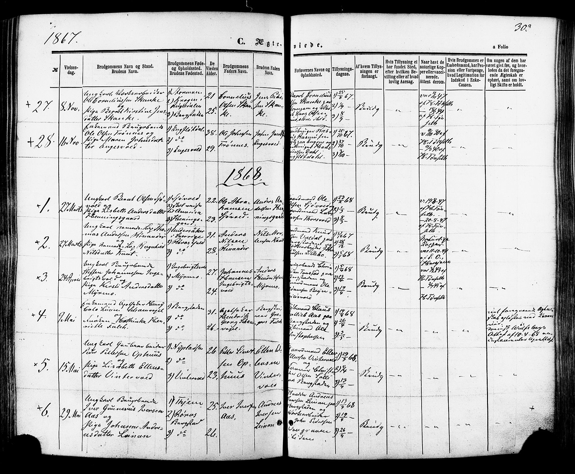 Ministerialprotokoller, klokkerbøker og fødselsregistre - Sør-Trøndelag, SAT/A-1456/681/L0932: Parish register (official) no. 681A10, 1860-1878, p. 303