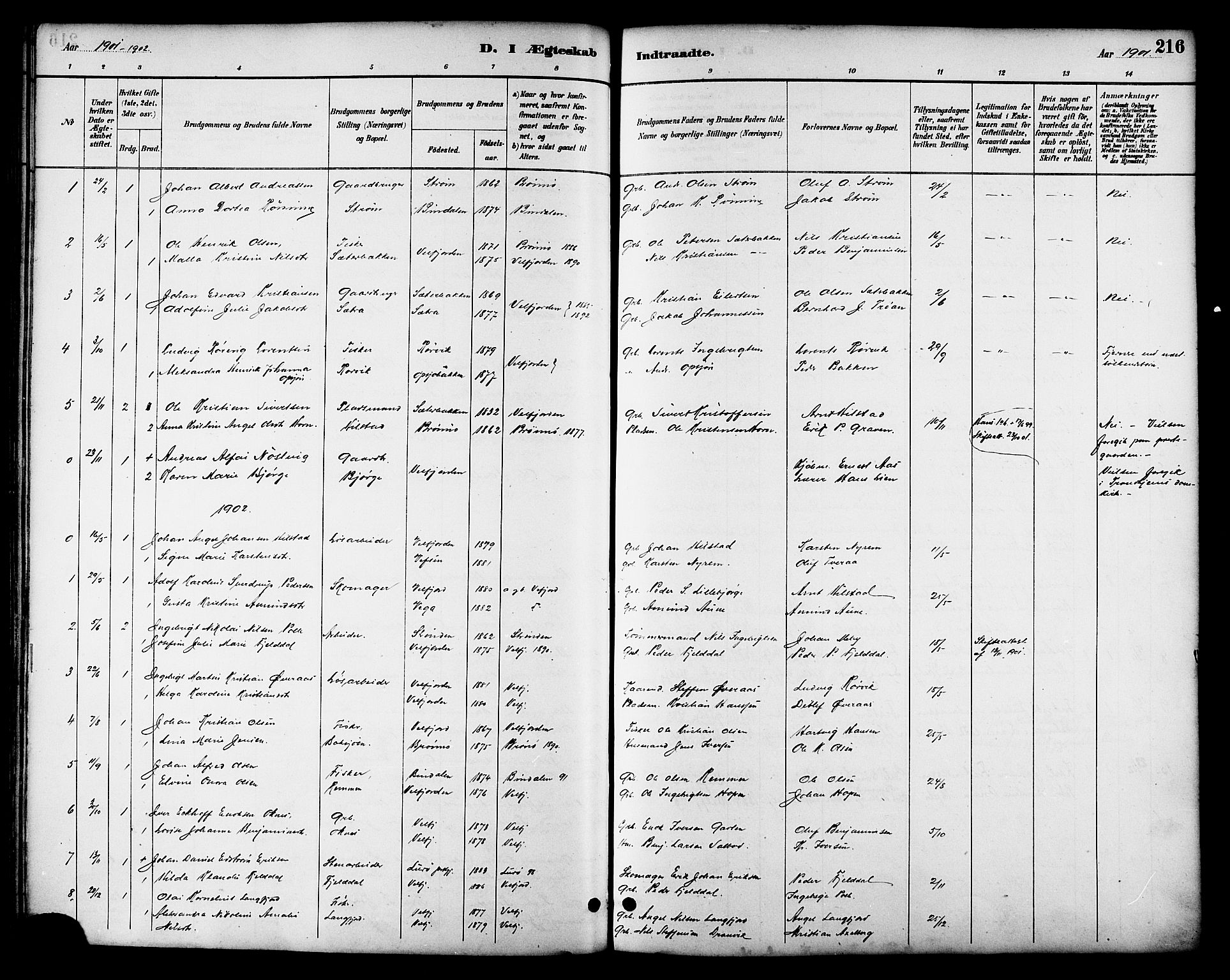 Ministerialprotokoller, klokkerbøker og fødselsregistre - Nordland, AV/SAT-A-1459/814/L0230: Parish register (copy) no. 814C03, 1884-1911, p. 216